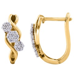 TJD 0.25 Carat 14 Karat Yellow Gold 3 Round Cluster Diamond Huggie Hoop Earrings