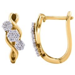 TJD 0.25 Carat 14 Karat Yellow Gold 3 Round Cluster Diamond Huggie Hoop Earrings