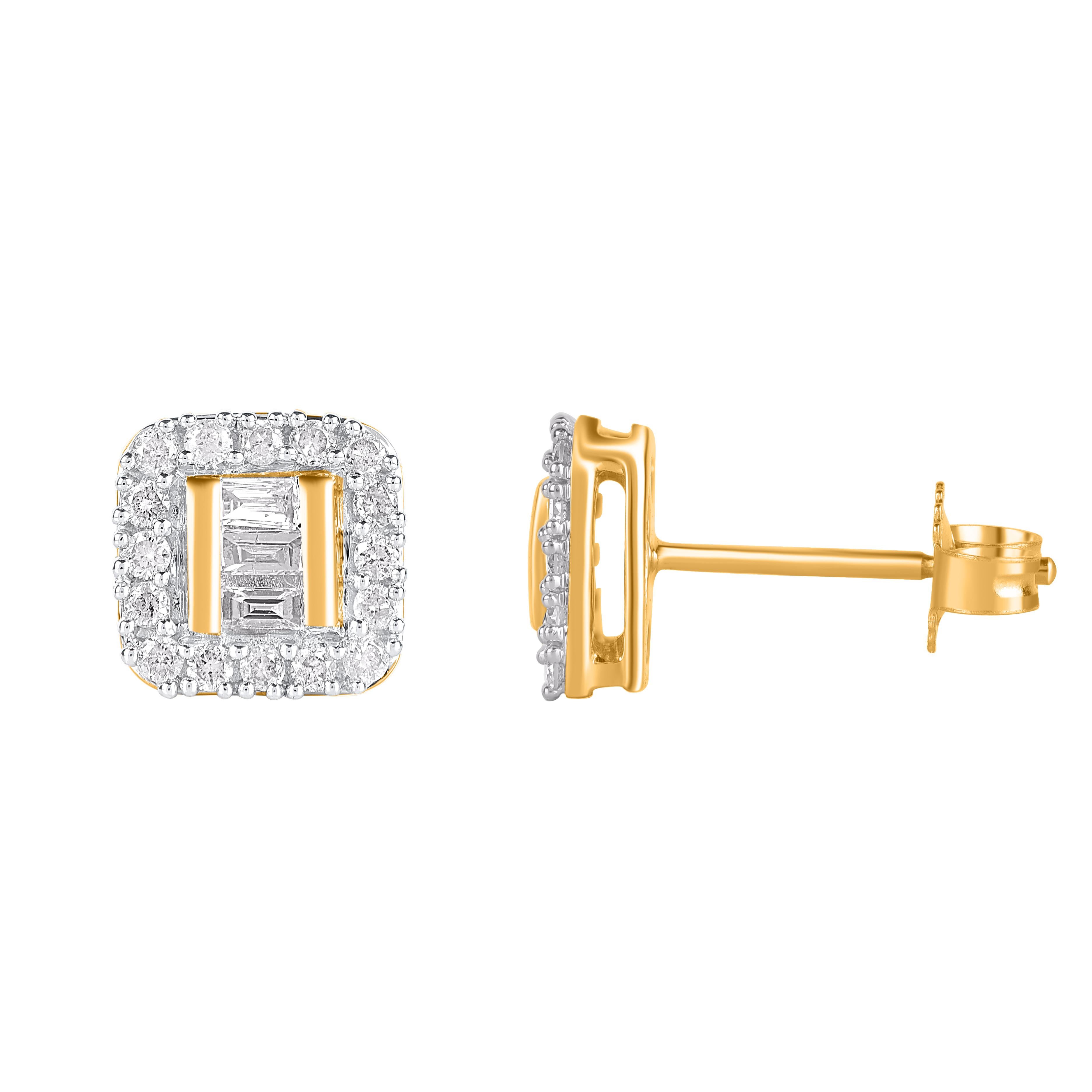 Timeless and elegant, these diamond stud earring are a style you'll wear with every look in your wardrobe. This earring is beautifully designed and studded with 38 natural brilliant cut and baguette cut diamonds set in prong and channel setting. We