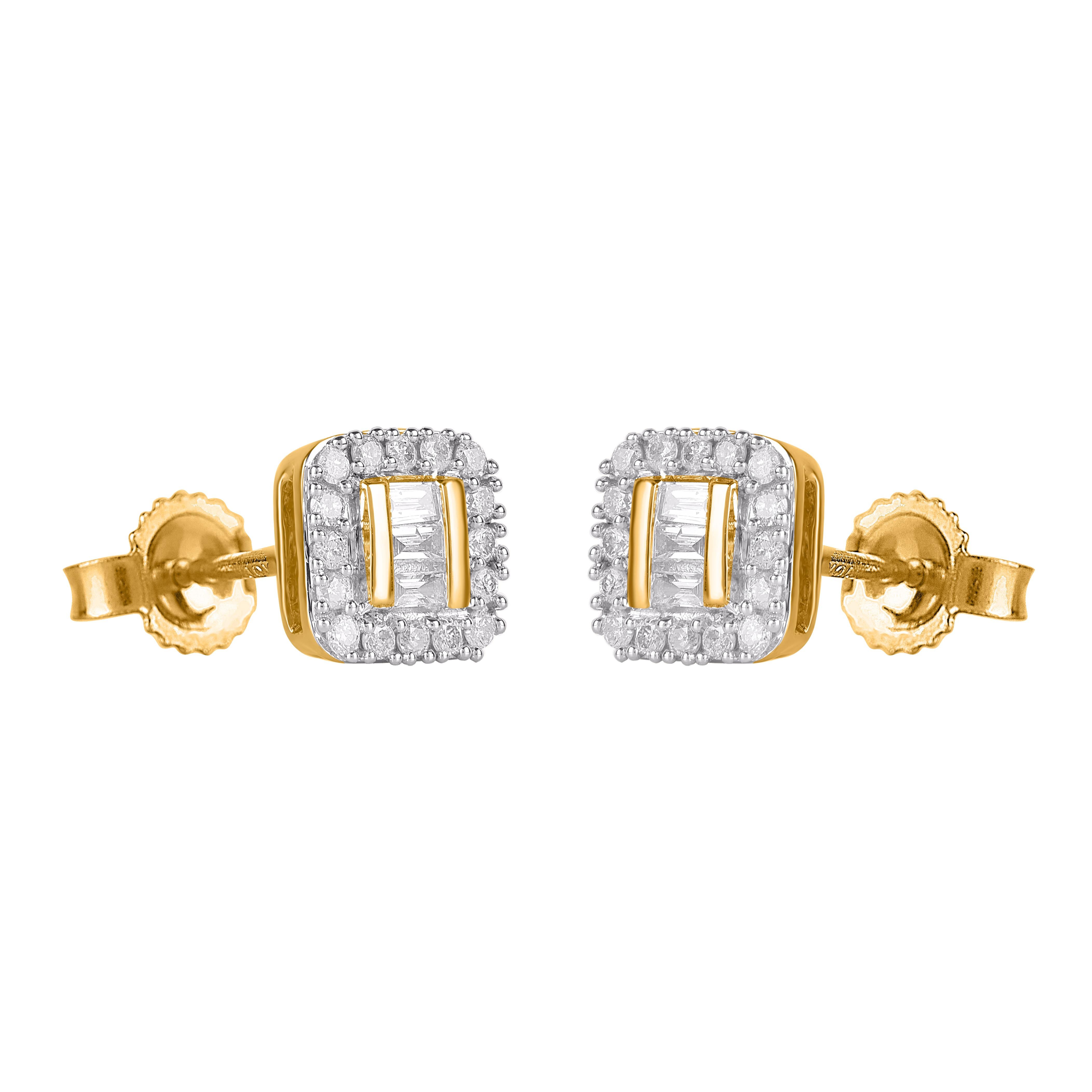 Contemporary TJD 0.25 Carat Baguette and Round Diamond 14KT Yellow Gold Halo stud earrings For Sale