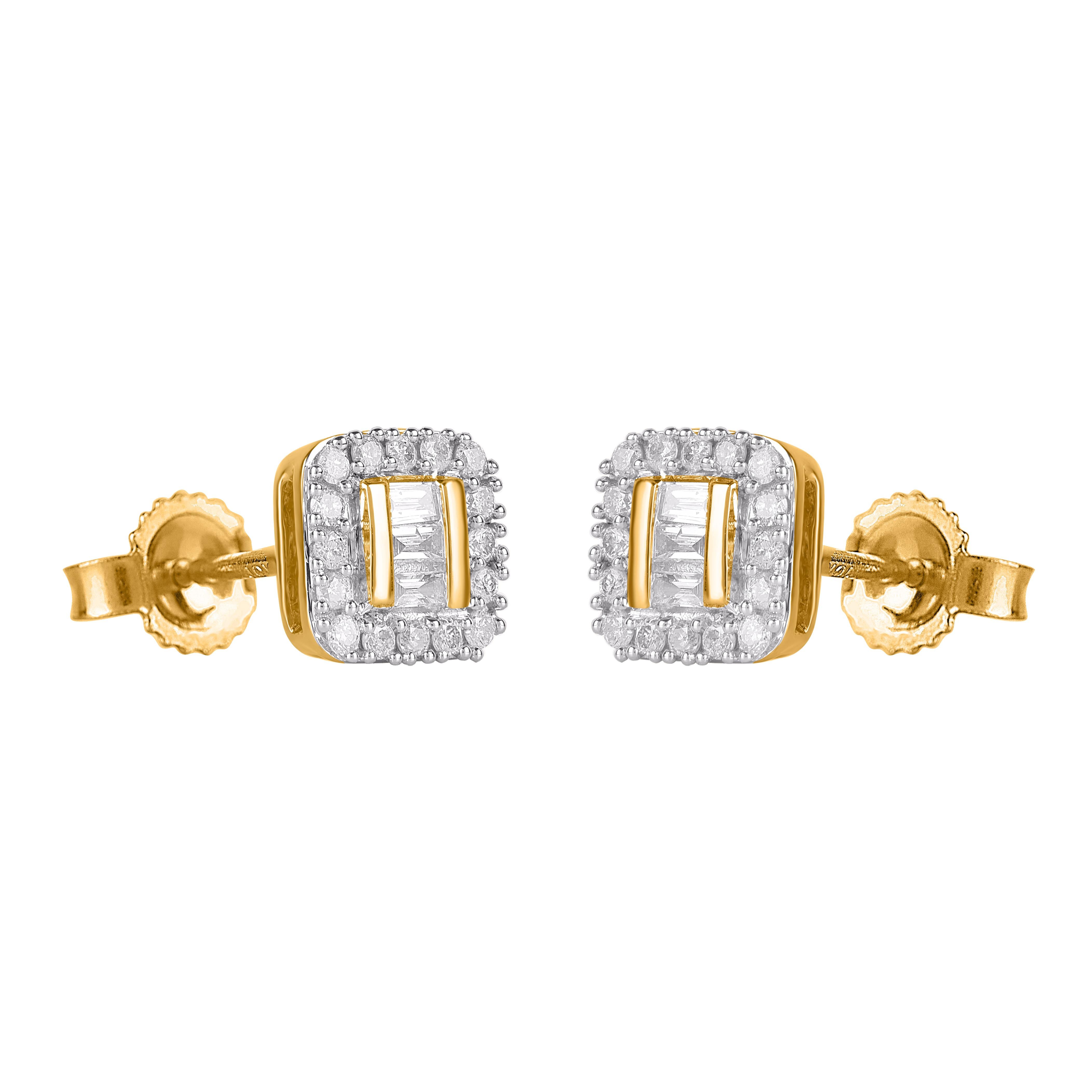 Contemporain Clous d'oreilles Halo en or jaune 14 carats avec diamants baguettes et ronds de 0,25 carat TJD en vente