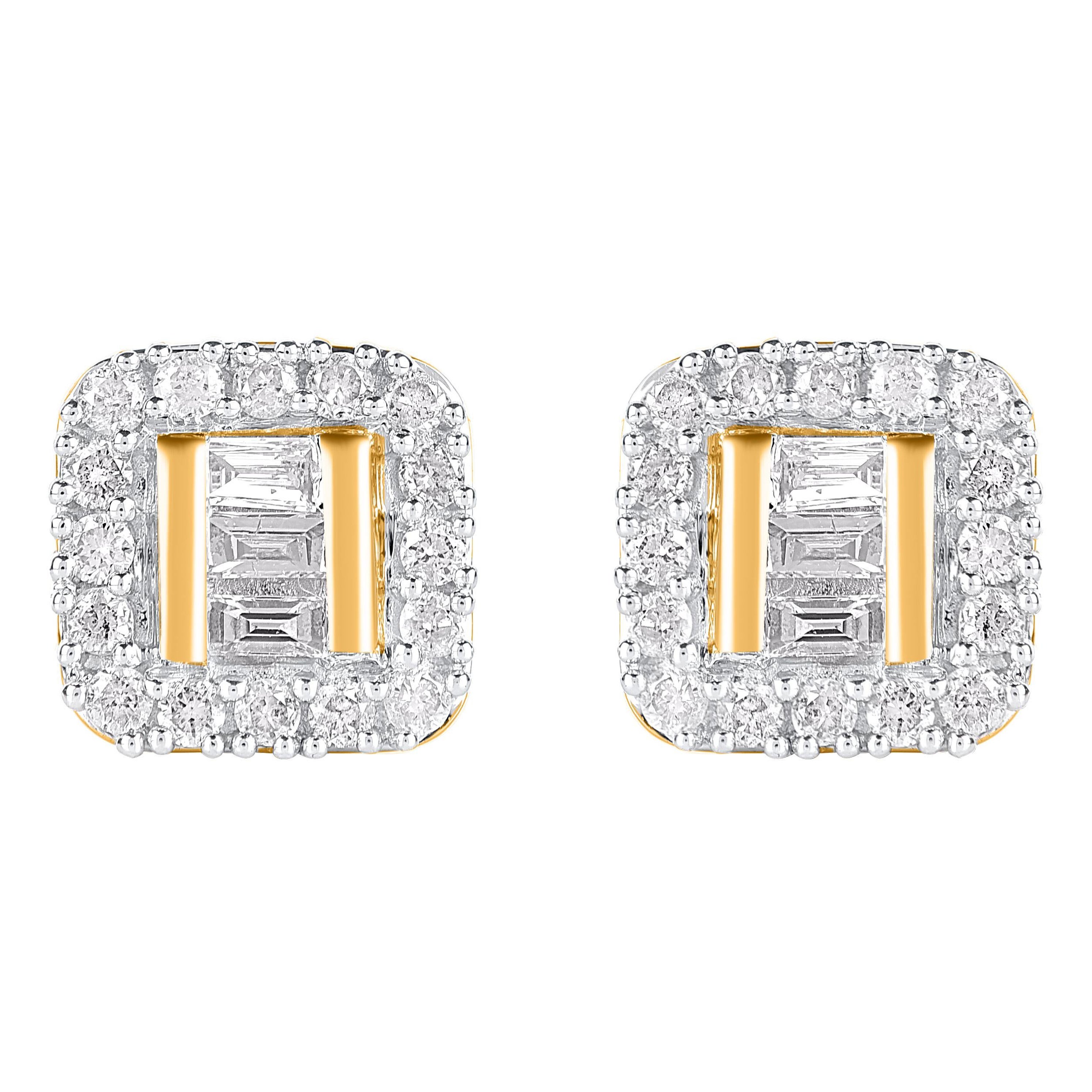 TJD 0.25 Carat Baguette and Round Diamond 14KT Yellow Gold Halo stud earrings