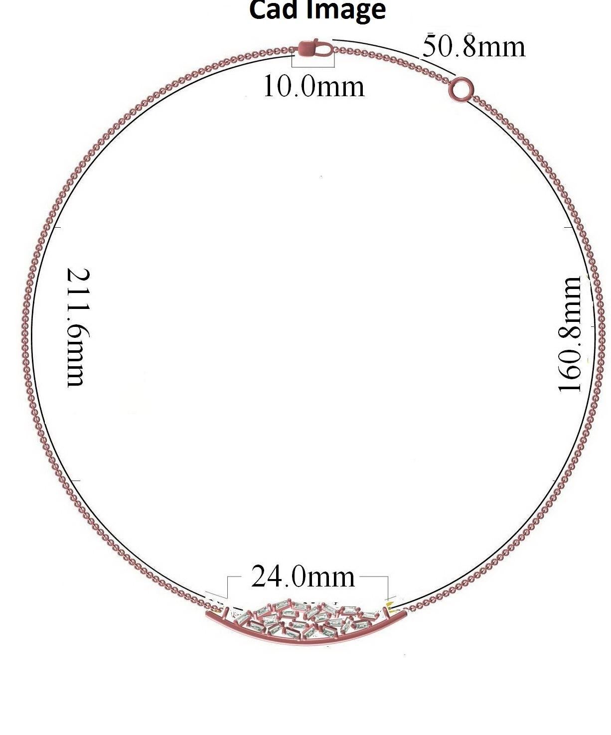 Dai un tocco di fascino al tuo look con questa collana di diamanti. Questa collana è realizzata in oro rosa a 14 carati e presenta 20 diamanti bianchi a baguette con incastonatura a forchetta, colore H-I e purezza I2 e una finitura lucida completano