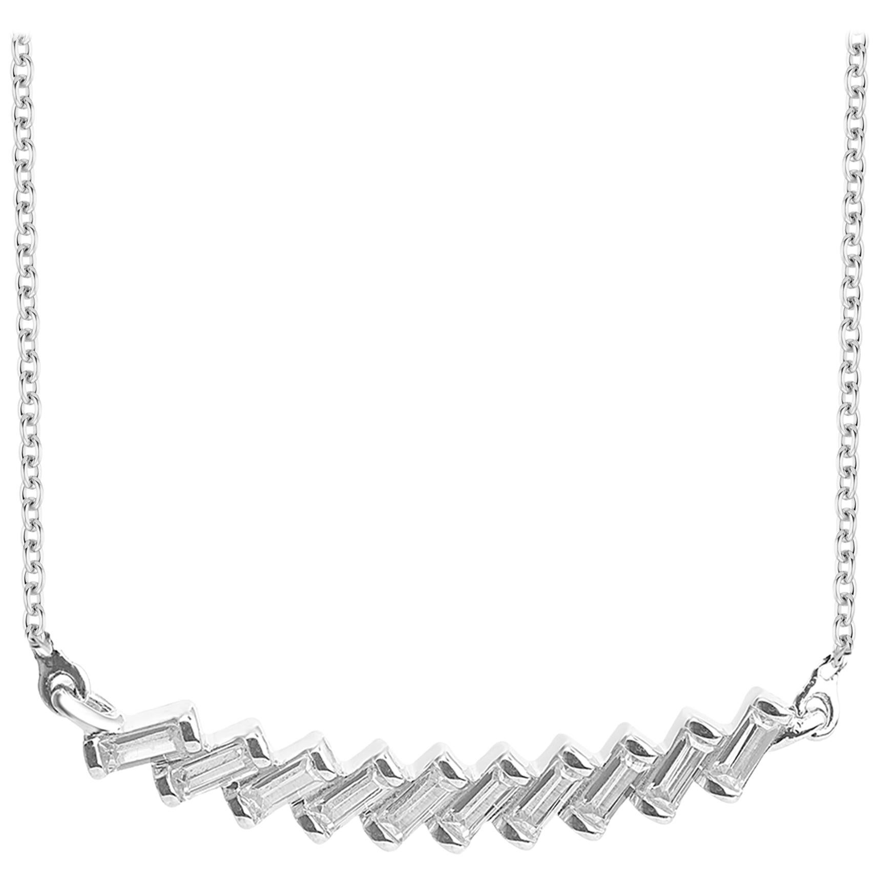 TJD 0.25 Carat Baguette-cut Diamond 14 Karat White Gold Stunning Bar Necklace