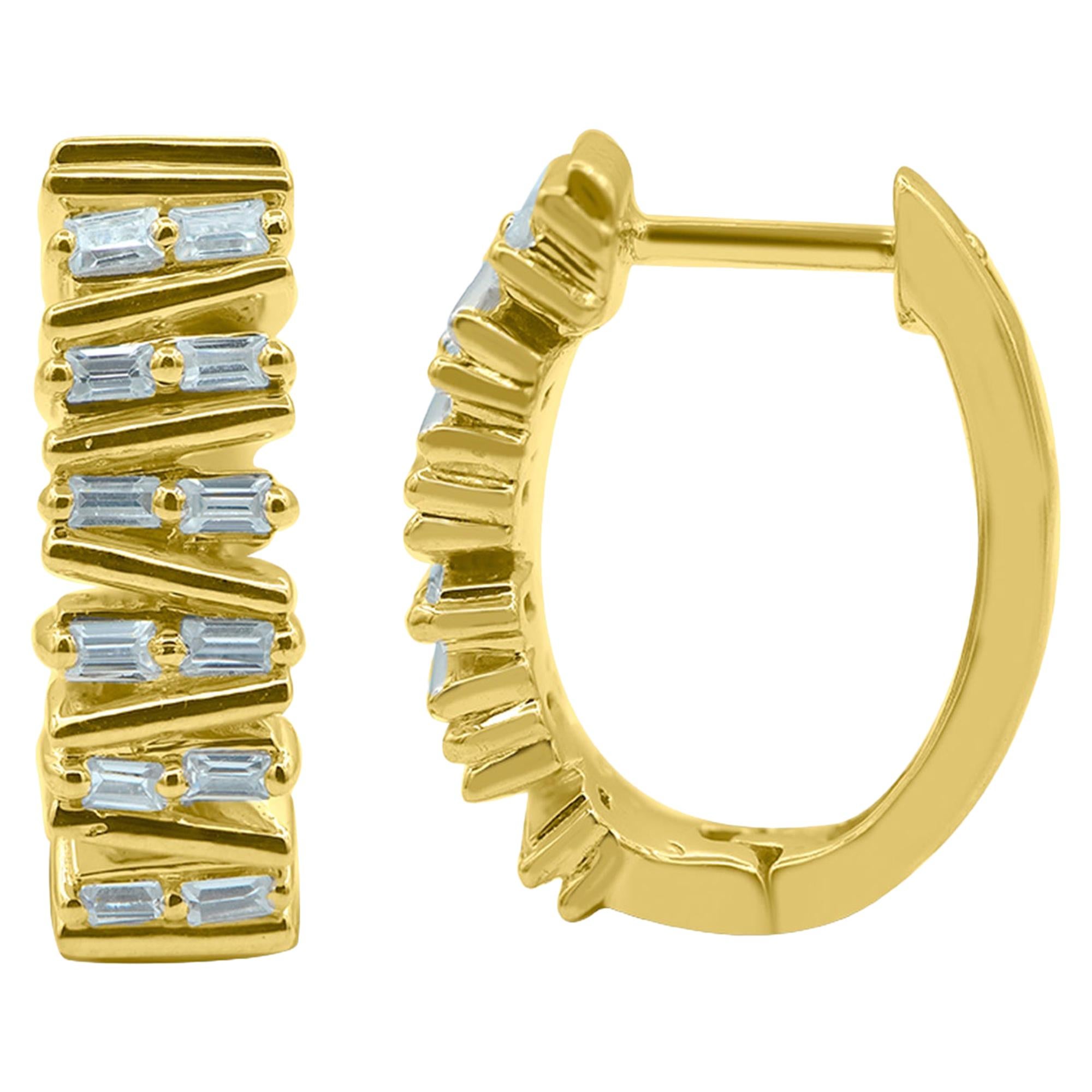 TJD 0.25 Carat Baguette Diamond 14K Yellow Gold Designer Fashion Hoop Earrings