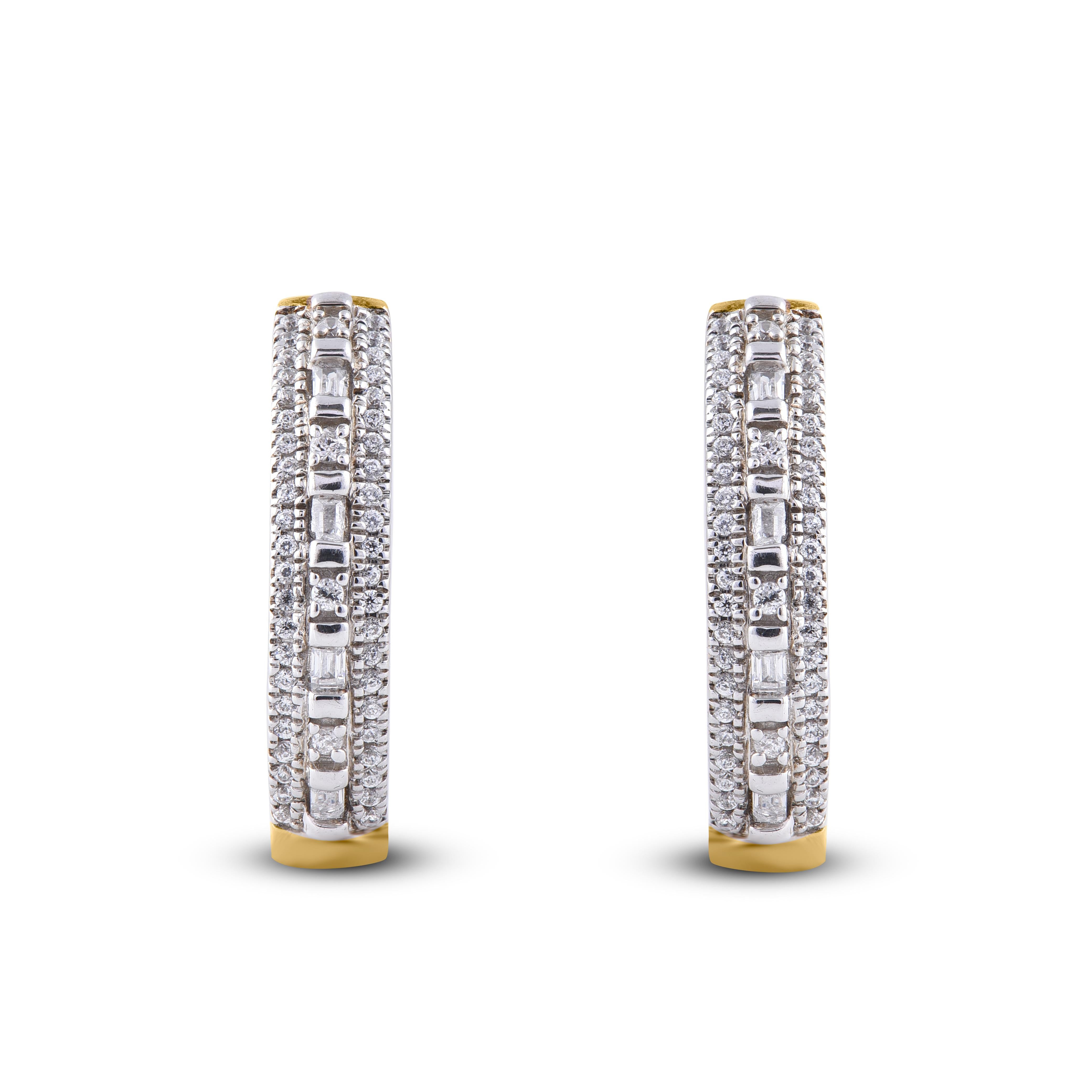 You'll adore the petite touch of shimmer these designer huggie hoop earrings add to your attire. Beautifully hand-crafted by our inhouse experts in 14 karat yellow gold and embellished with 8 baguette cut diamonds and 96 round diamond set in prong