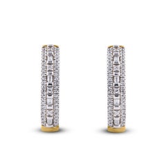 TJD 0.25 Carat Baguette & Round Diamond 14K Yellow Gold Huggie Hoop Earrings