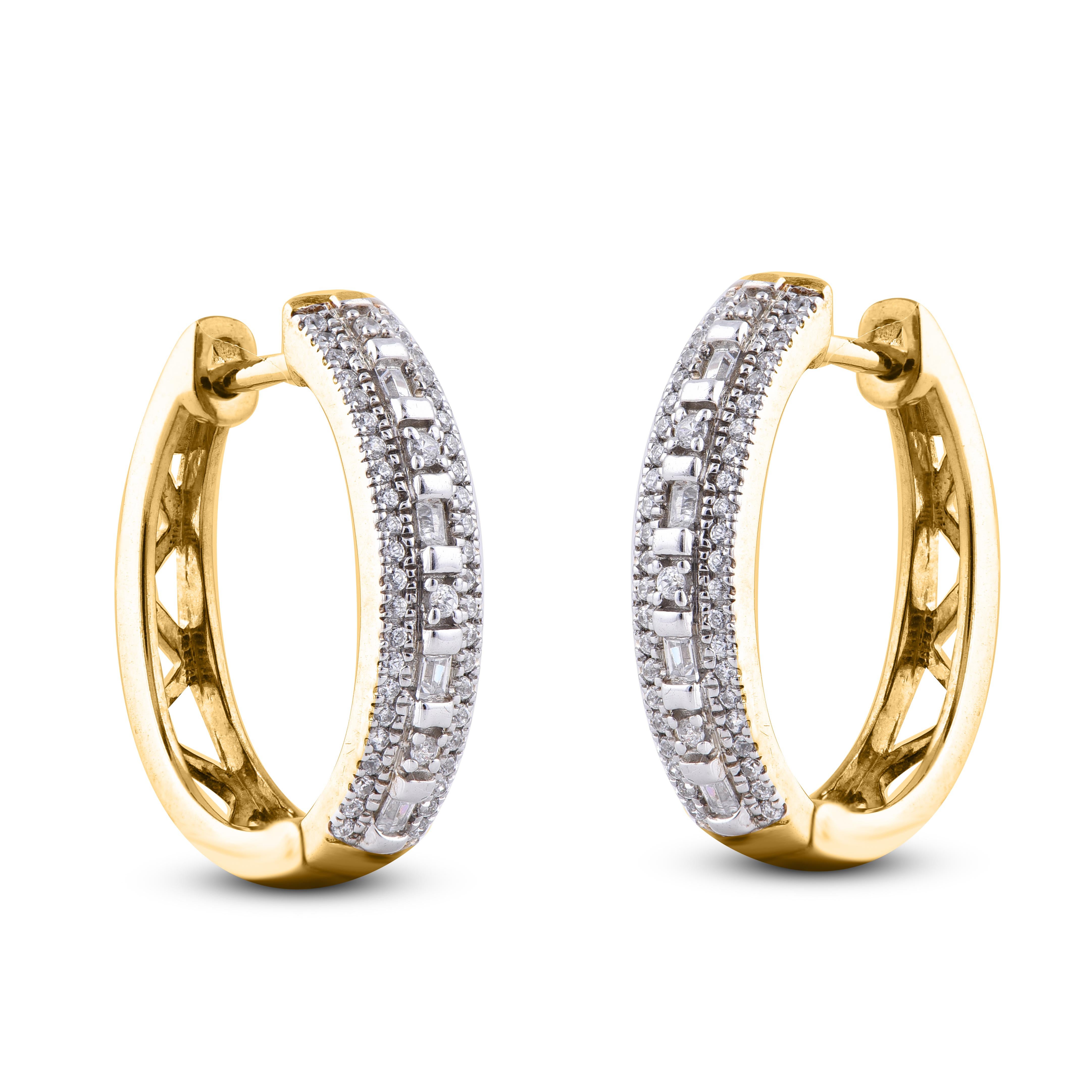 Art Deco TJD 0.25 Carat Baguette & Round Diamond 14K Yellow Gold Huggie Hoop Earrings For Sale