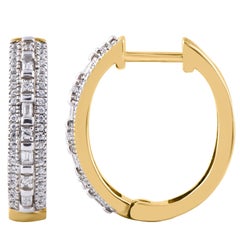 TJD 0.25 Carat Baguette & Round Diamond 14K Yellow Gold Huggie Hoop Earrings