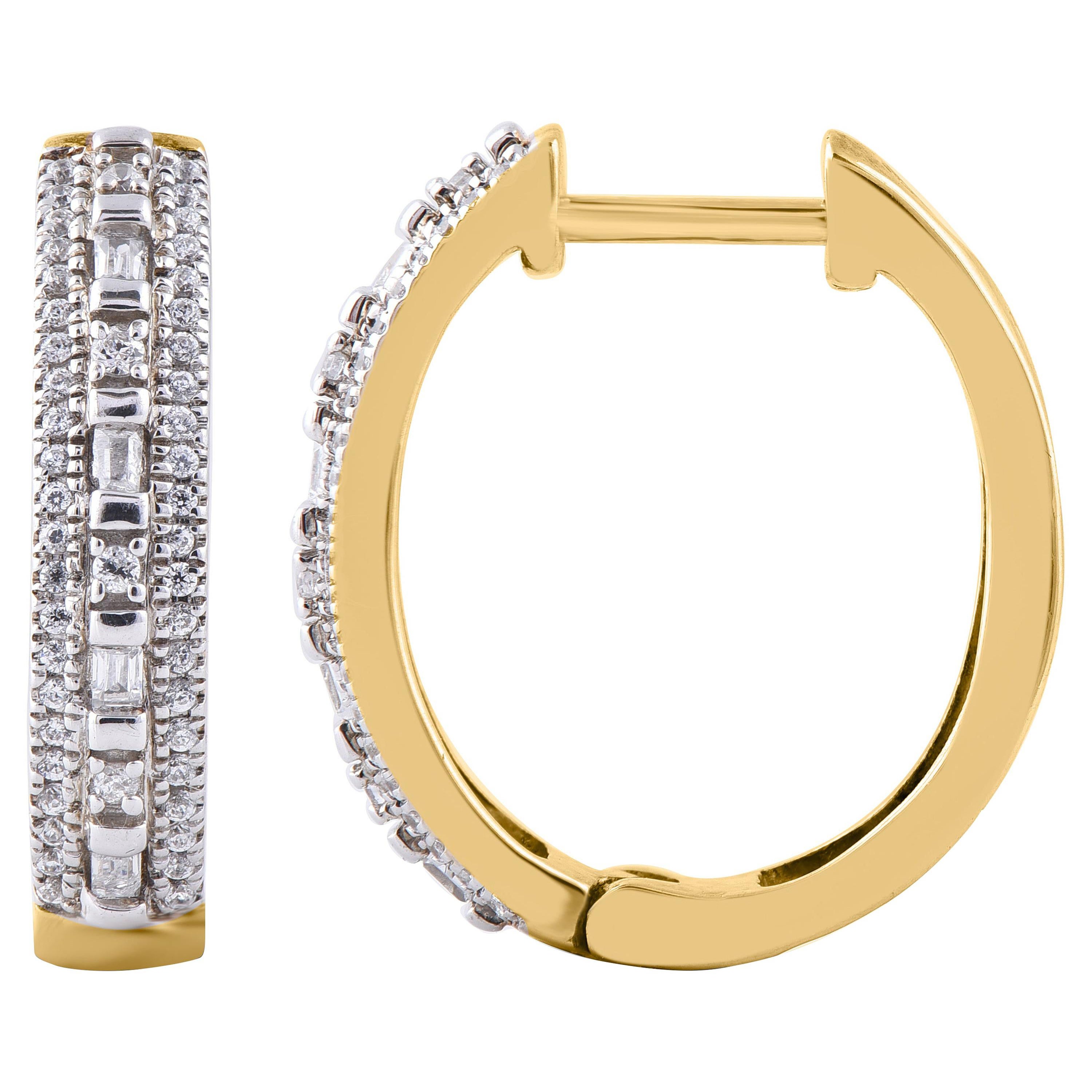 TJD 0.25 Carat Baguette 
Round Diamond 14K Yellow Gold Huggie Hoop Earrings For Sale