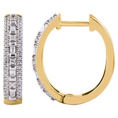 TJD 0.25 Carat Baguette 
Round Diamond 14K Yellow Gold Huggie Hoop Earrings