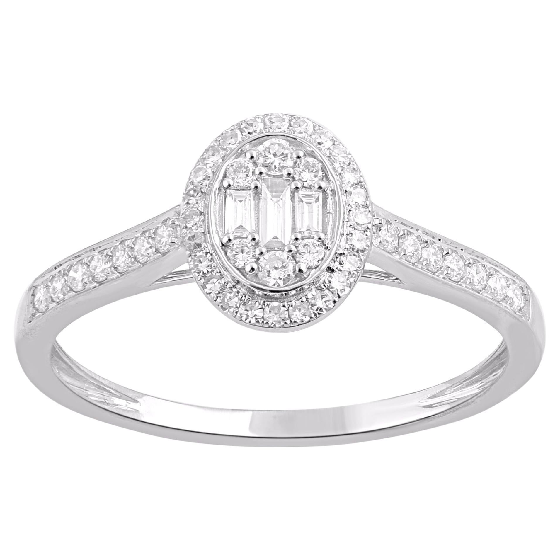 TJD 0.25 Carat 
Baguette Round Diamond 14KT White Gold Halo Engagement Ring