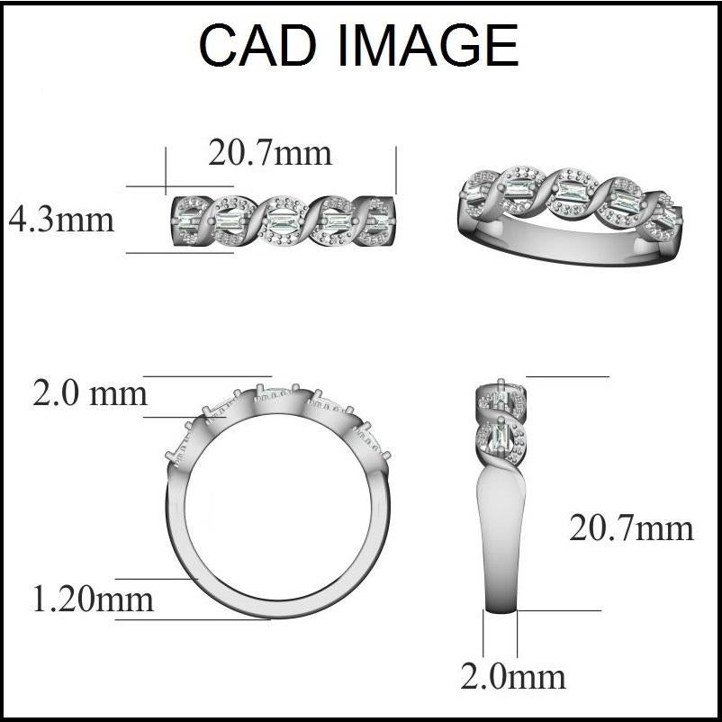 Dieses breite Ehering ist fachmännisch aus 18 Karat Weißgold gefertigt und verfügt über 40 Diamanten im Rund- und 5 im Baguetteschliff, die in einem schönen Design in Zackenfassung gefasst sind. Wir verwenden nur 100% natürliche und konfliktfreie