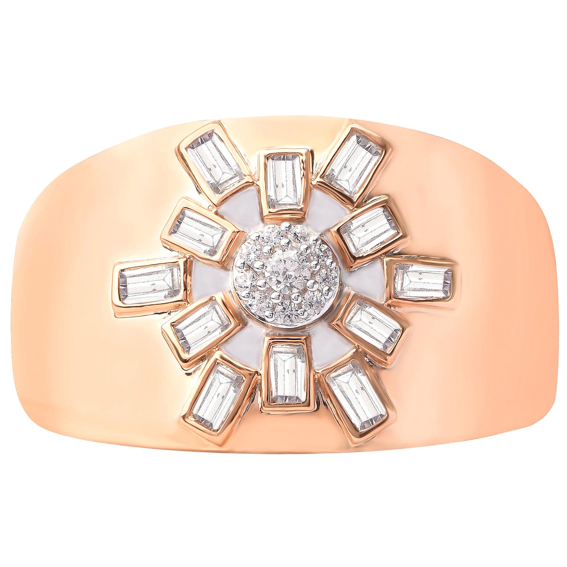 0.25 Carat Round and Baguette Diamond 18 K Rose Gold Stunning Starburst Ring For Sale