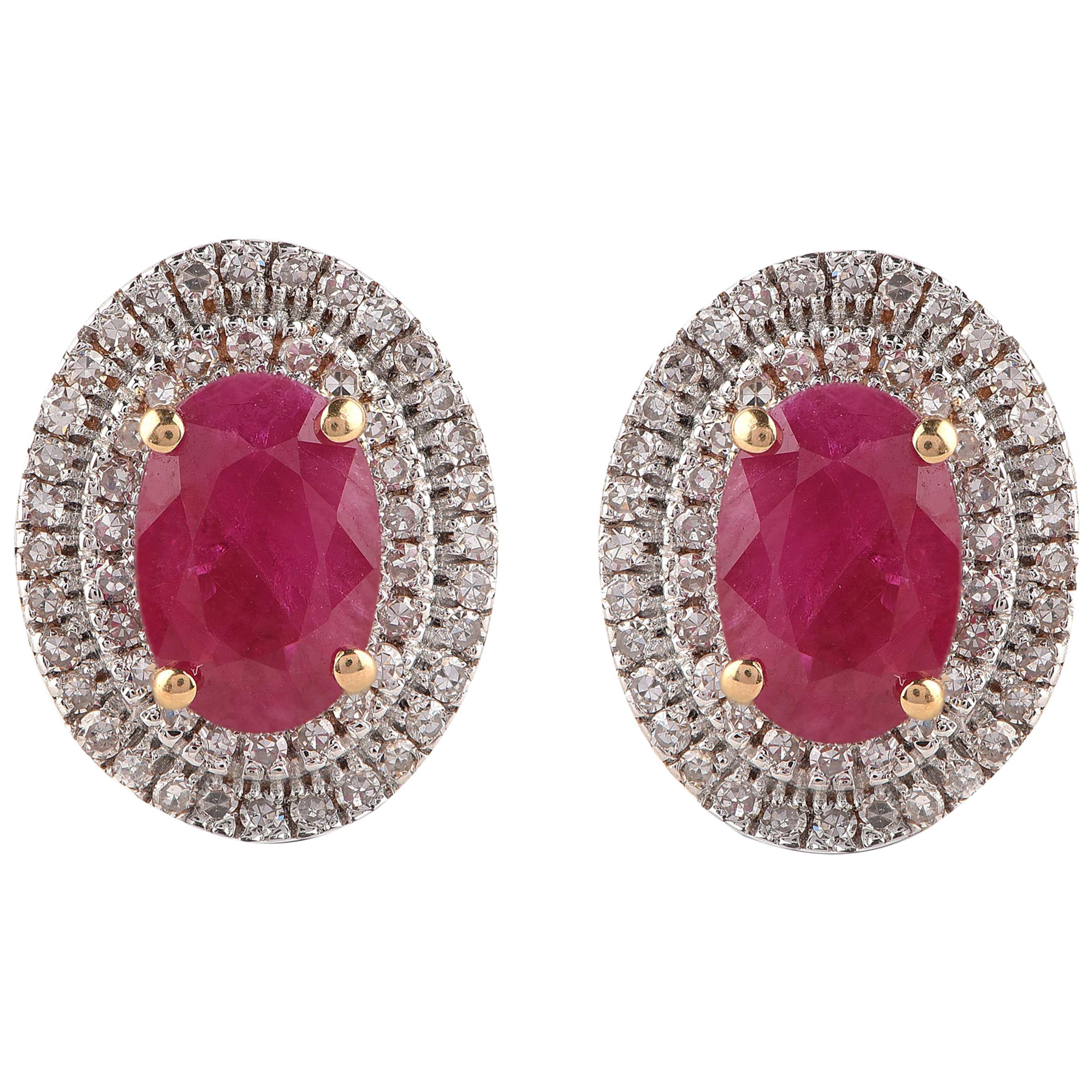 TJD 0.25 Carat Two Row Diamond and Oval Ruby 14 Karat Yellow Gold  Stud Earrings For Sale