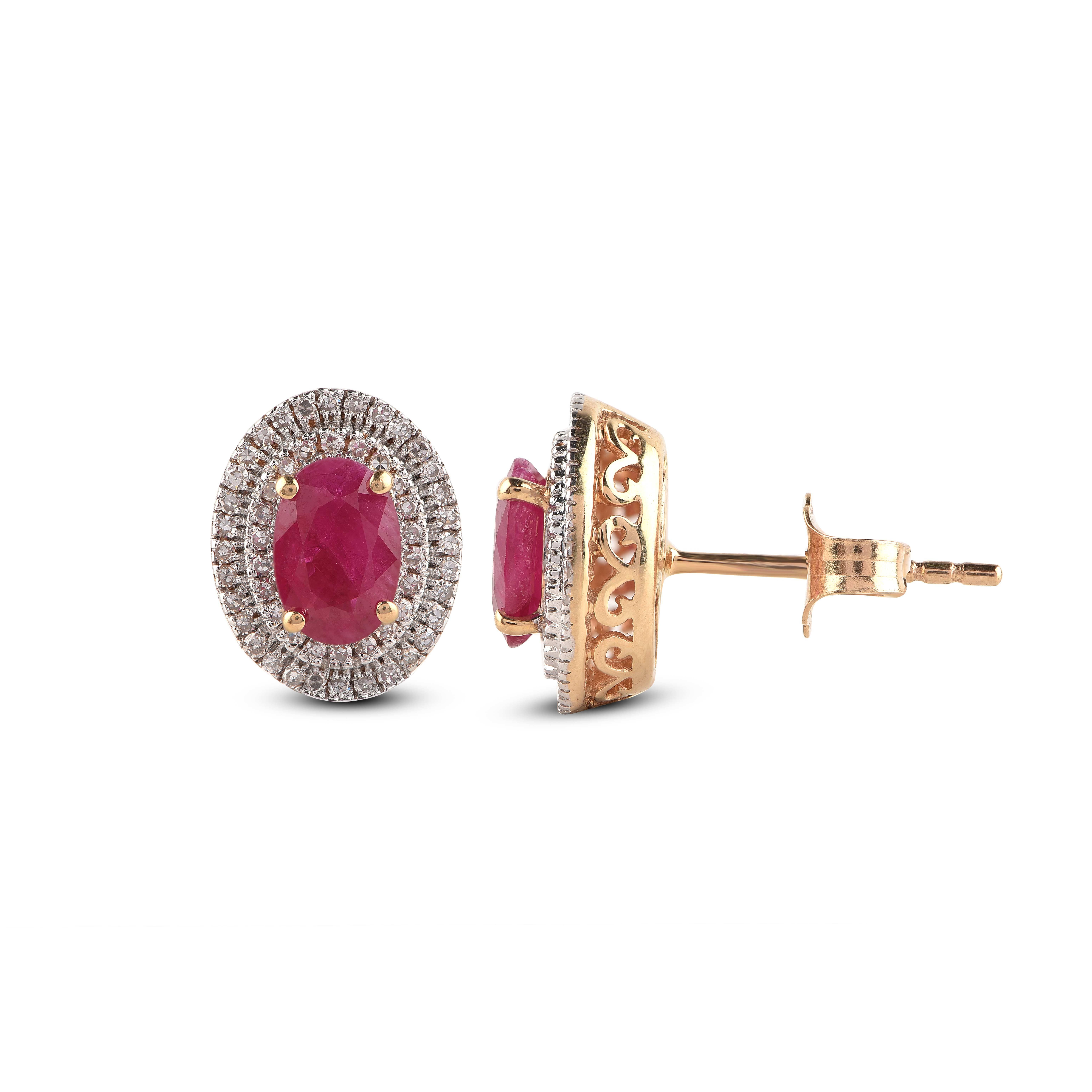 These dazzling earrings feature 108 brilliant-cut diamonds and 2 ruby gemstones embedded beautifully in prong and micro-prong setting. These ruby earrings are crafted in 14-karat yellow gold. The diamonds are graded H-I Color, I1-2 Clarity. 

Metal