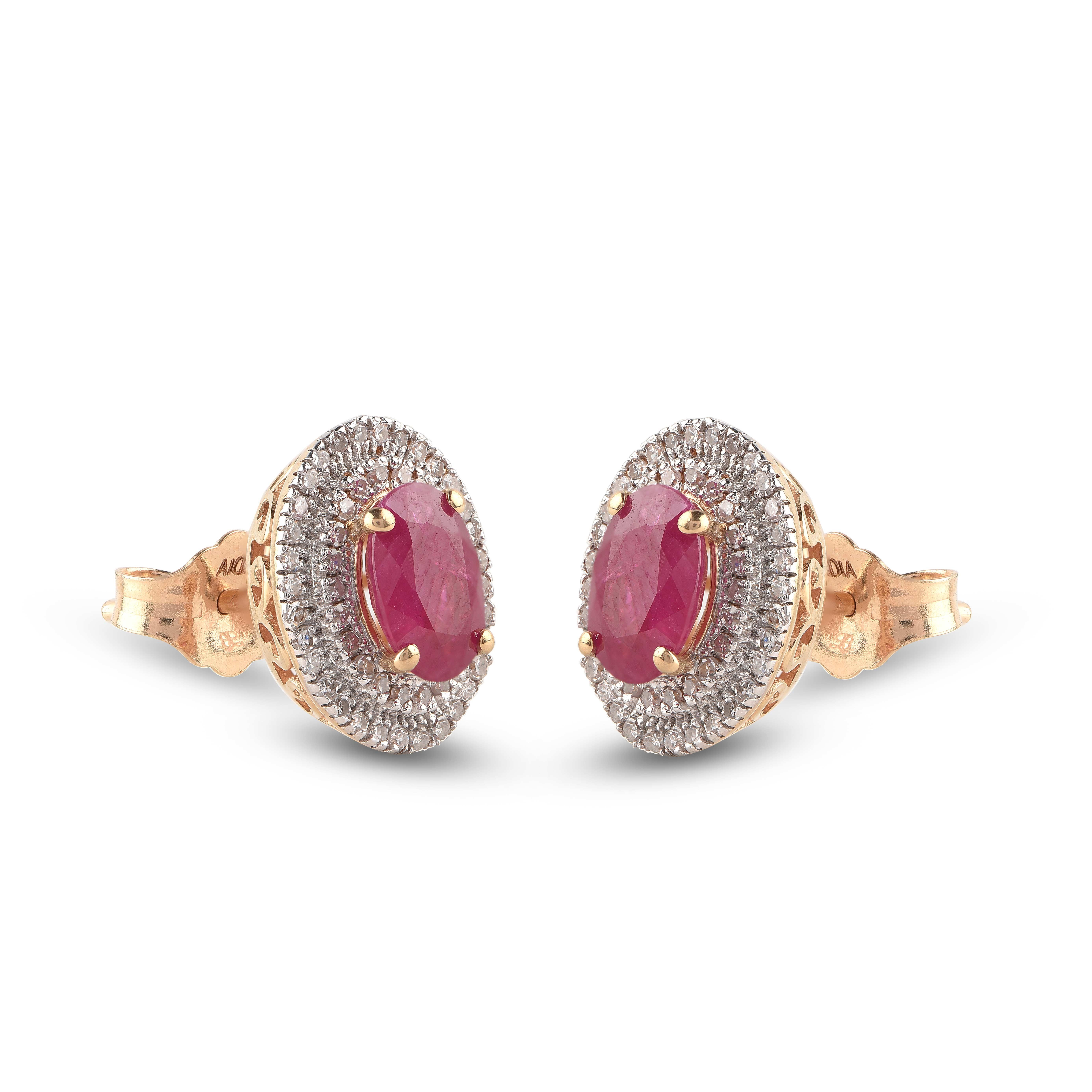 Contemporary TJD 0.25 Carat Two Row Diamond and Oval Ruby 14 Karat Yellow Gold  Stud Earrings For Sale