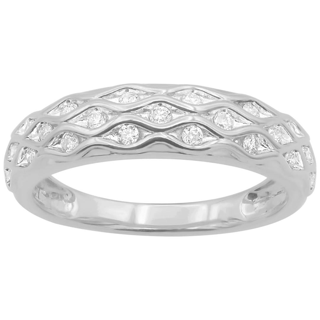 TJD 0.25 Carat Brilliant Cut Diamond 14 Karat White Gold Wave Wedding Band Ring