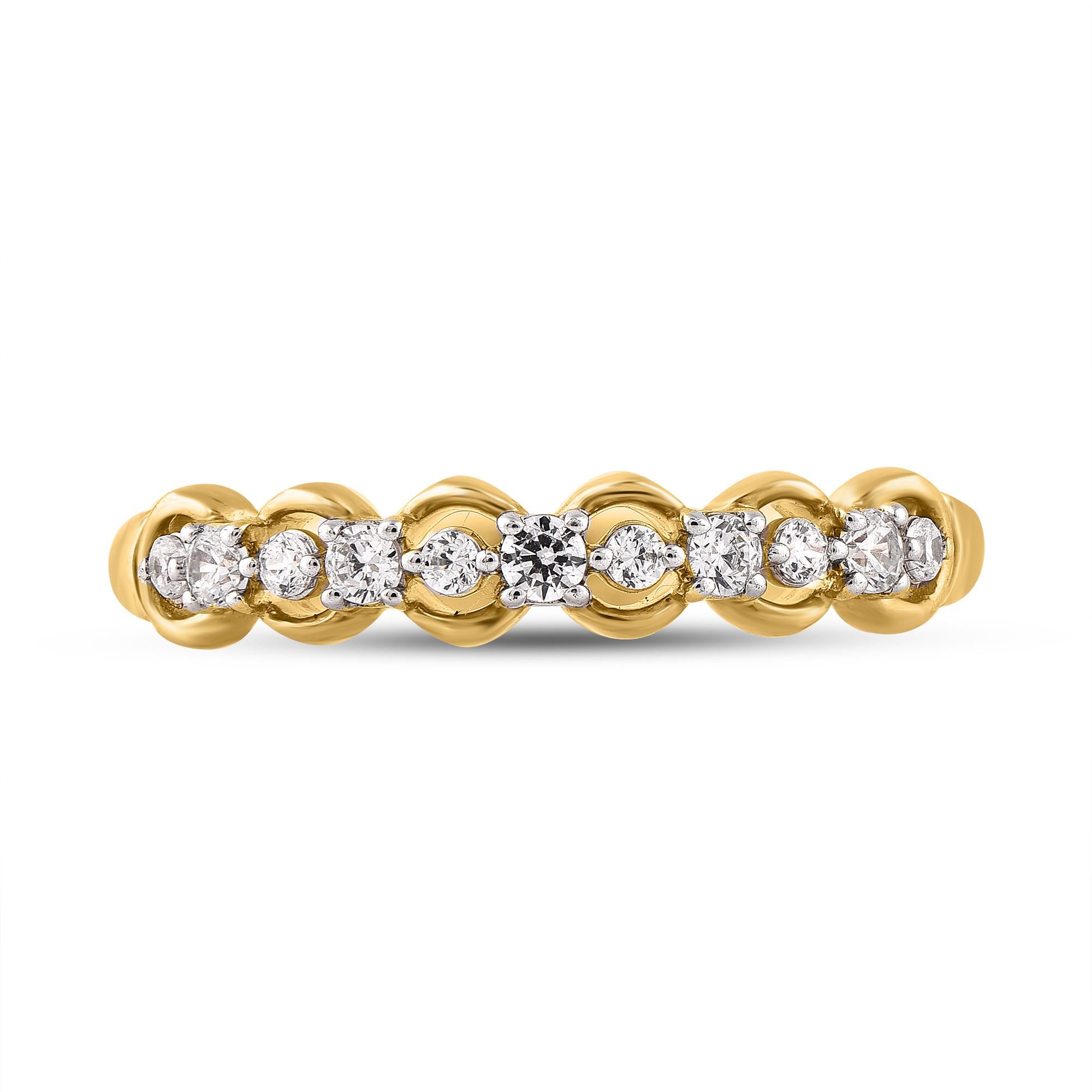 Honor your special day with this exceptional diamond band ring. Crafted in 14 Karat yellow gold. This band ring features a sparkling 11 brilliant cut round diamonds beautifully set in prong setting. The total diamond weight is 0.25 Carat. The