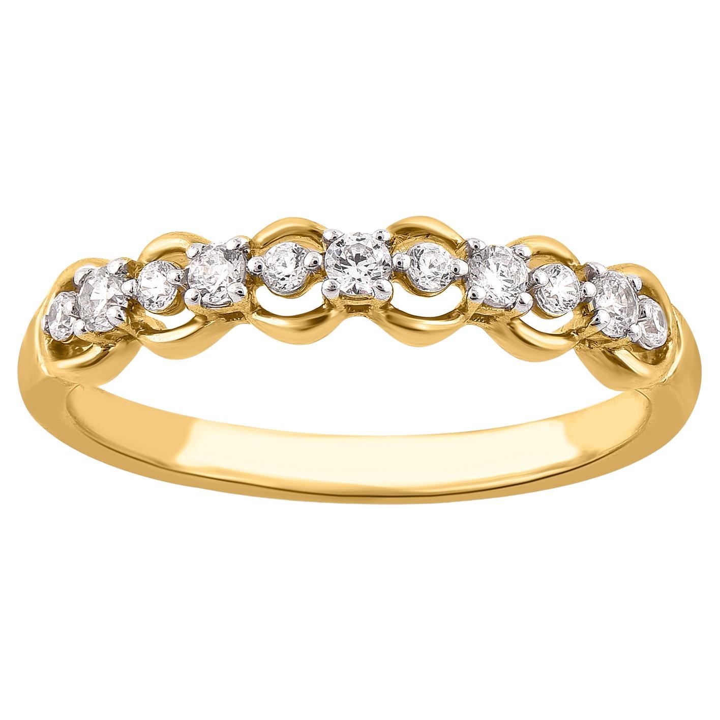 TJD 0.25 Carat Brilliant Cut Diamond 14 Karat Yellow Gold Scallop Edge Band Ring For Sale