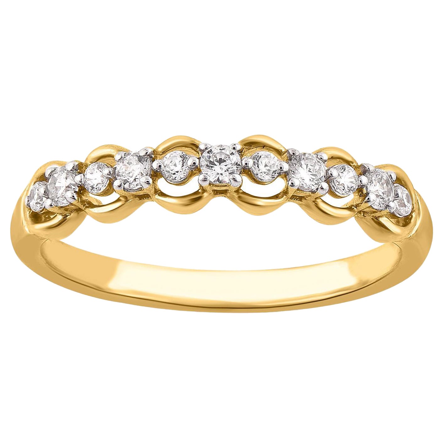 TJD 0.25 Carat Brilliant Cut Diamond 14 Karat Yellow Gold Scallop Edge Band Ring For Sale