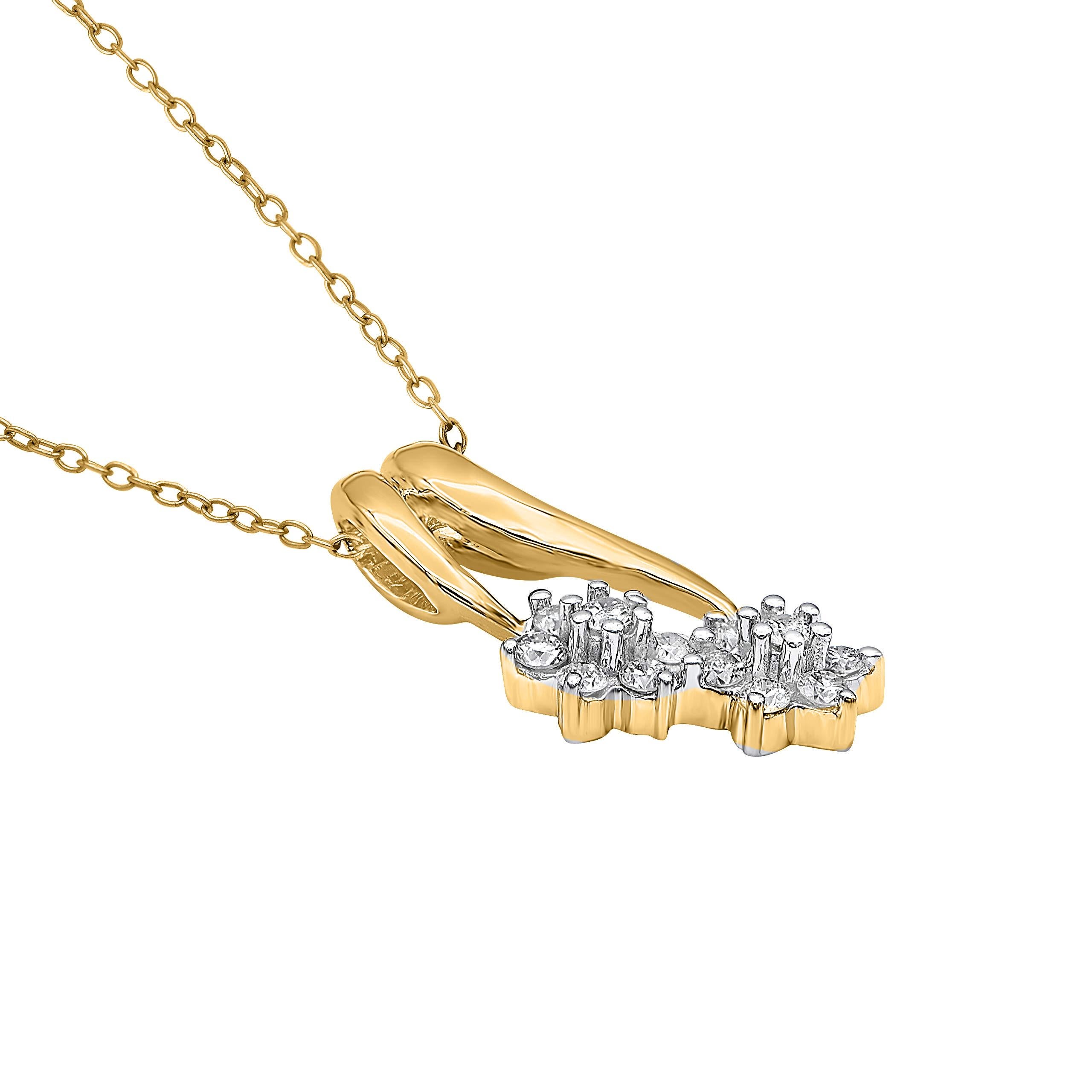 Bring charm to your look with this diamond pendant. The pendant is crafted from 14-karat yellow gold and features 14 round brilliant cut diamonds in prong set. H-I color I2 clarity and a high polish finish complete the brilliant sophistication of