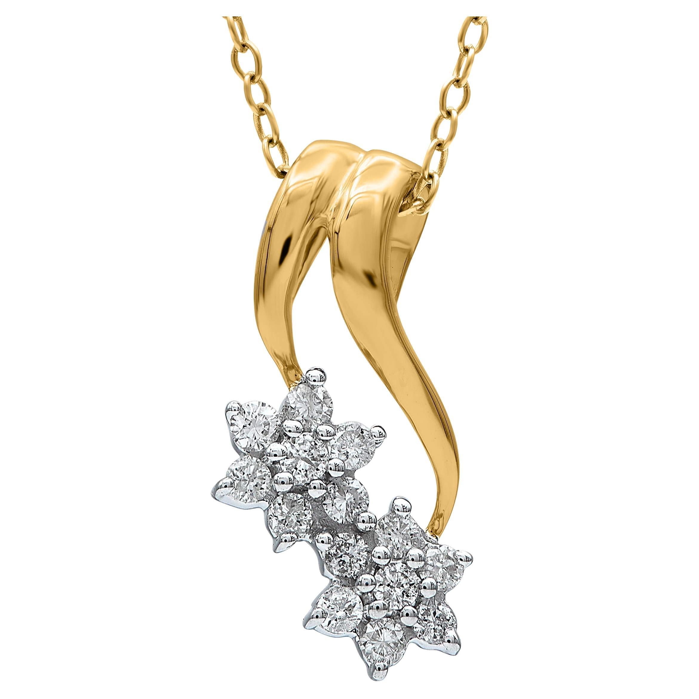 TJD 0.25 Carat Brilliant Cut Diamond 14KT Gold Cluster Flower Pendant Necklace For Sale