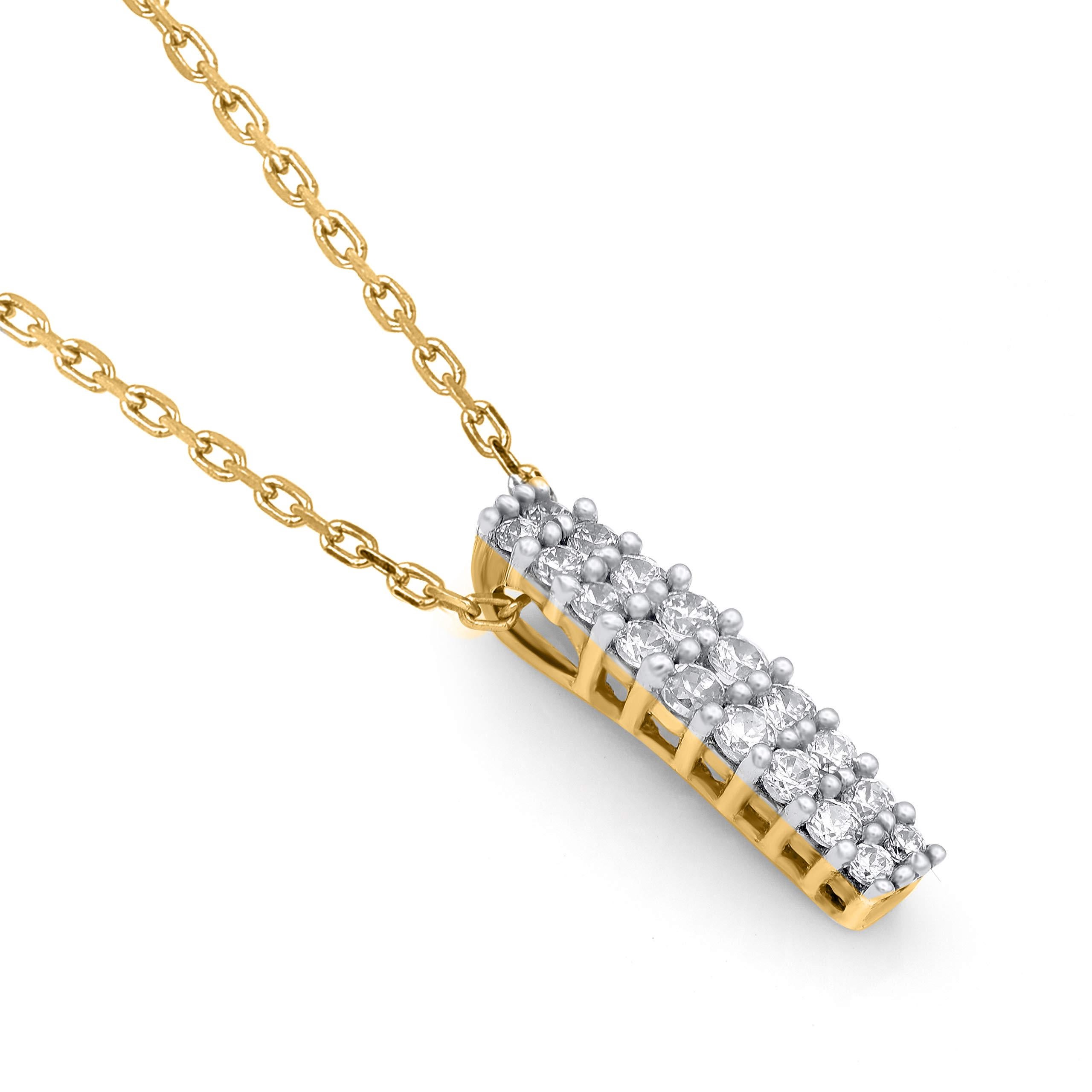 Make a bold statement of style and beliefs with the eye-catching elegance of this diamond line pendant. Beautifully crafted by our inhouse experts in 14 karat yellow gold and embellished with 18  round brilliant cut diamond set in prong setting. The