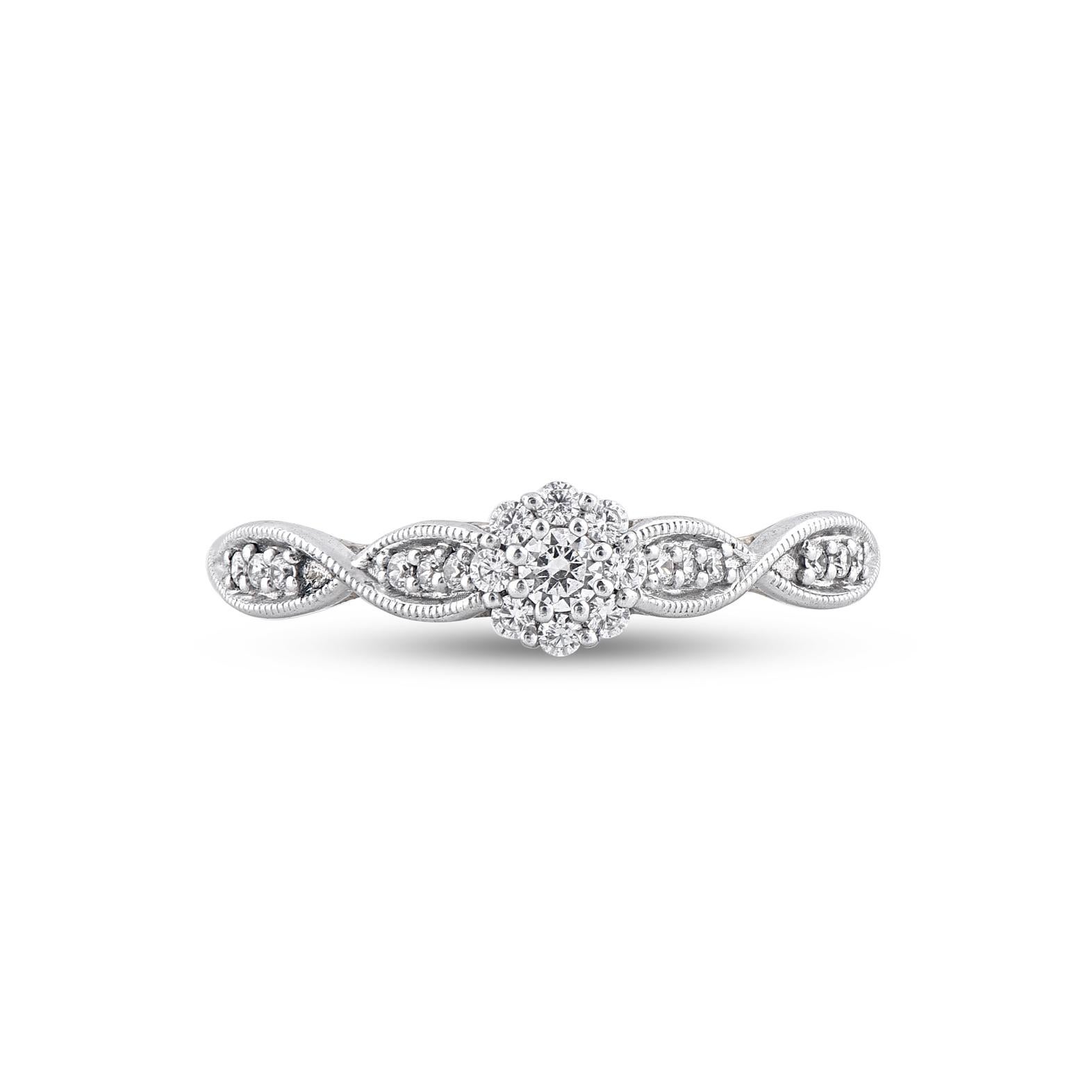 Classic and captivating, this diamond ring will enhance her jewelry collection. This beautiful ring features shimmering brilliant cut diamonds in prong setting. Crafted in 14 karat two tone gold. The ring is studded with a total of 21 natural round