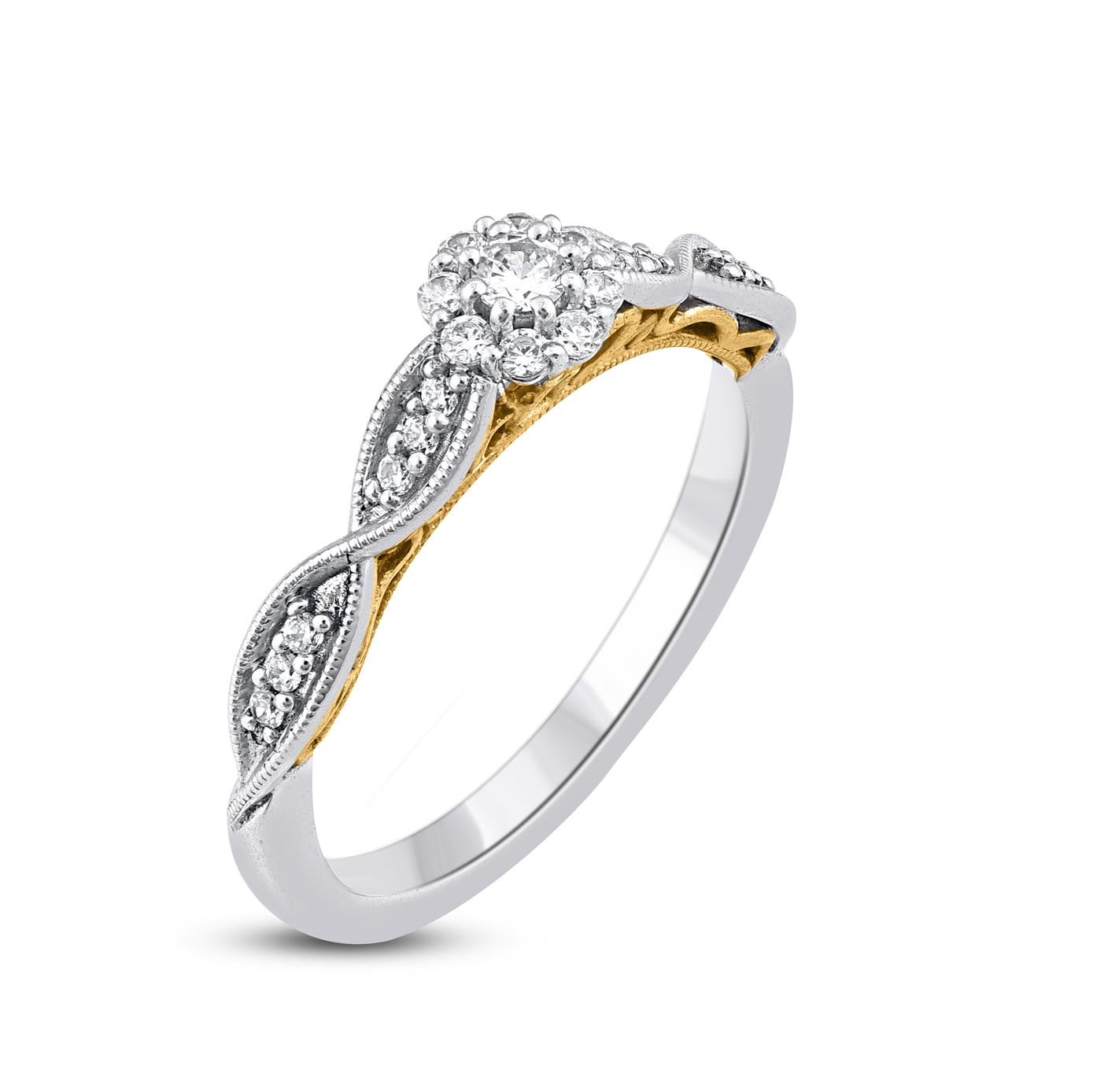 Contemporary TJD 0.25 Carat Brilliant Cut Diamond Halo Engagement Ring in 14KT Two Tone Gold For Sale