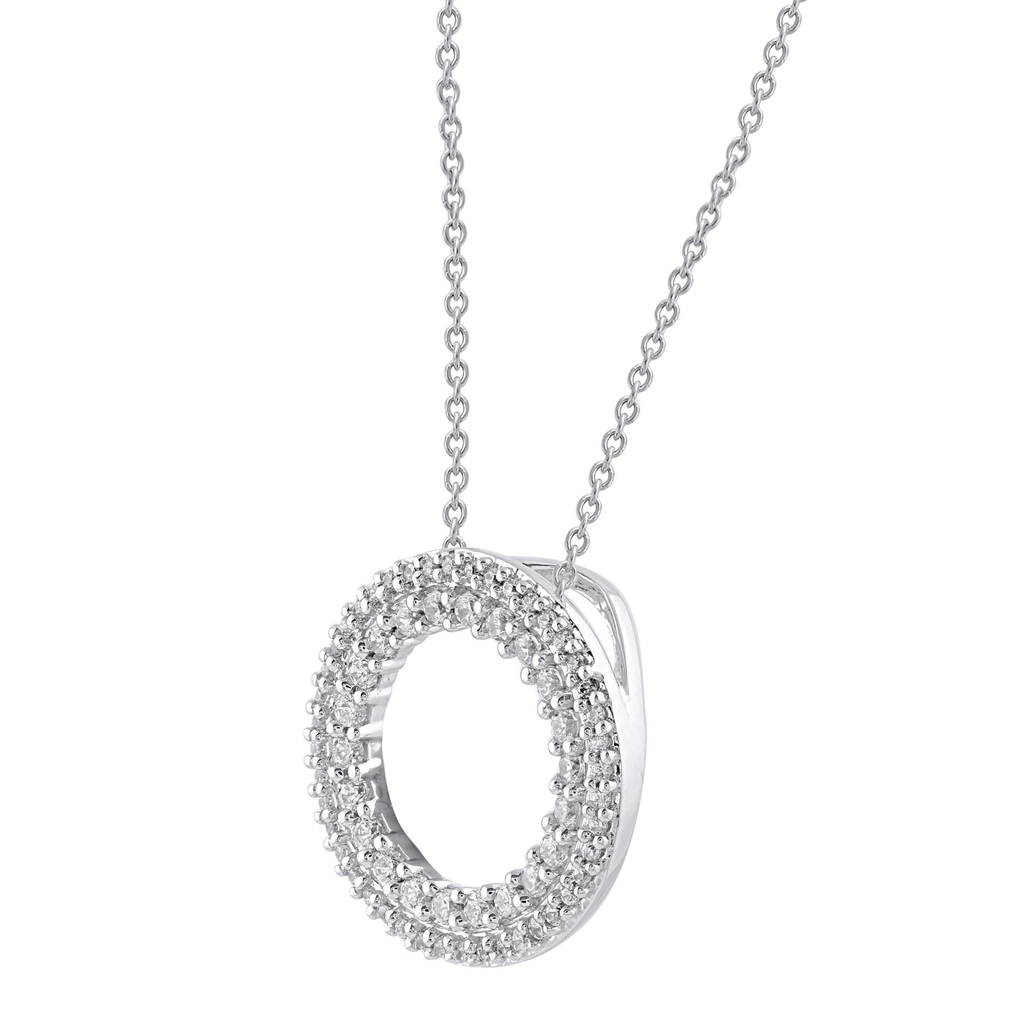 This diamond open circle eternity pendant fits any occasion with ease. These eternity pendants are studded with 66 single cut and brilliant cut natural diamonds in prong setting in 14kt white gold. Diamonds are graded as H-I color and I-2 clarity.