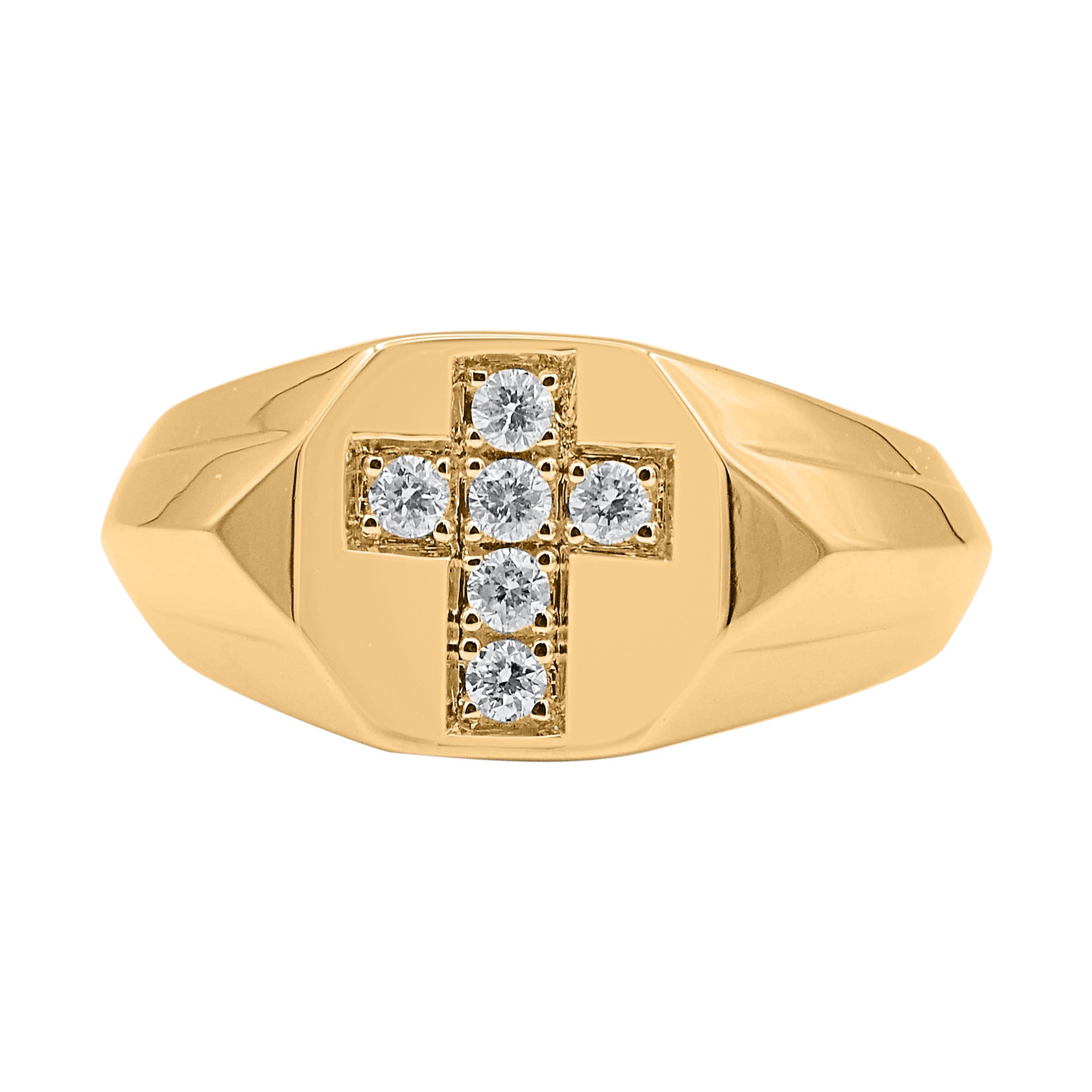Contemporary TJD 0.25 Carat Brilliant Cut Natural Diamond 14KT Yellow Gold Men's Cross Ring For Sale
