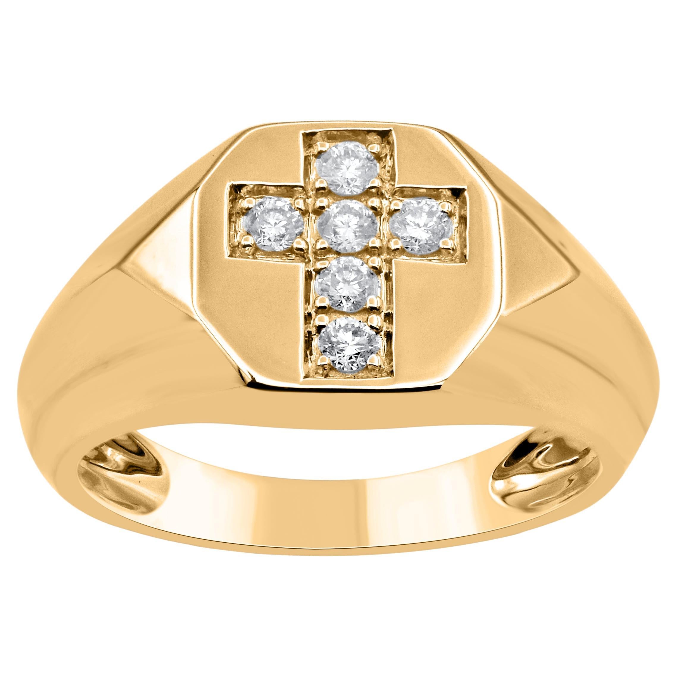 TJD 0.25 Carat Brilliant Cut Natural Diamond 14KT Yellow Gold Men's Cross Ring For Sale