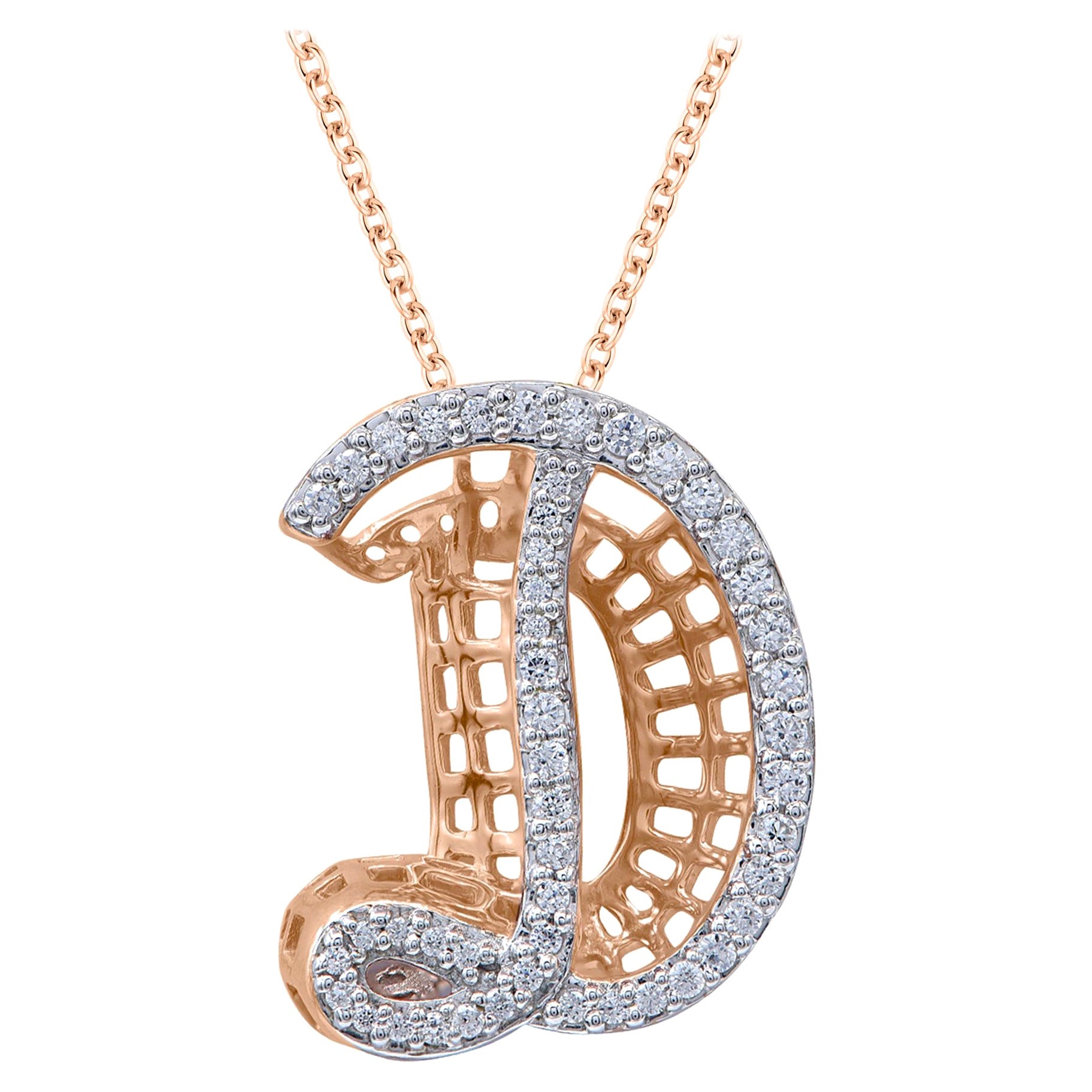 TJD 0.25 Carat Diamond 18 Karat Rose Gold D Initial 3D Alphabet Charm Pendant For Sale