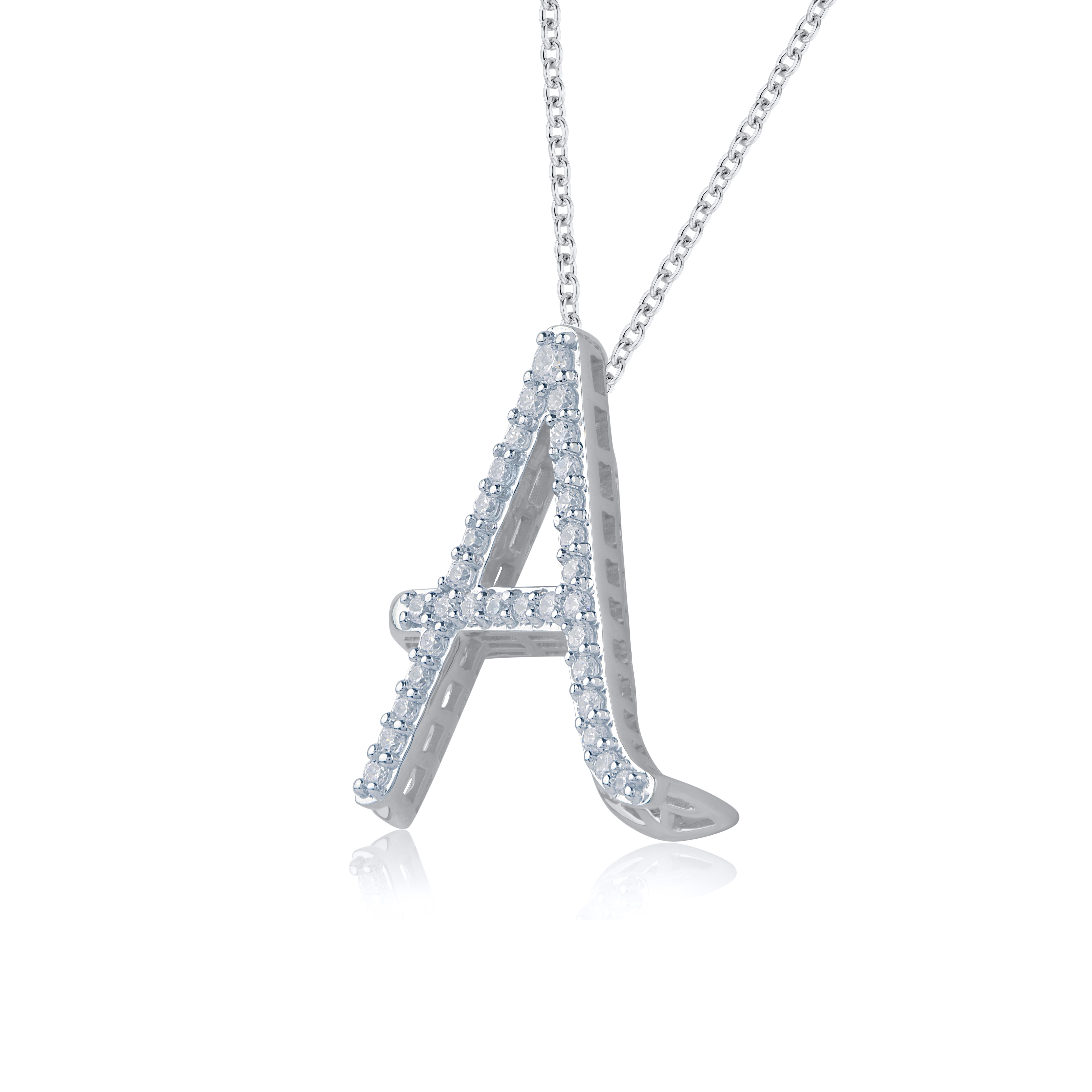 The stunning 3D initial uppercase pendant is a piece of jewelry that you will surely cherish. Made by skilful craftsmen in 18 KT white gold and Studded with 31 hand-set round shaped natural white diamonds in prong setting and shine in H-I Color I1