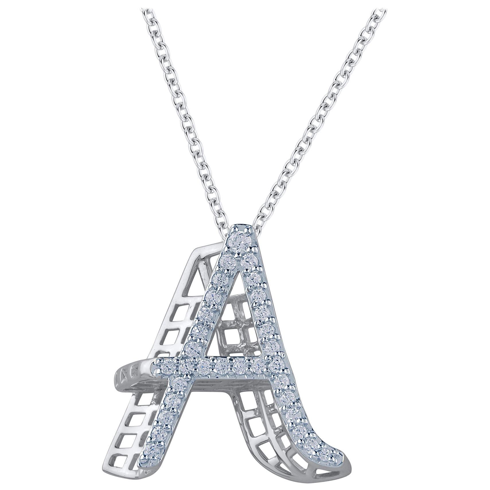 TJD 0.25 Carat Diamond 18 Karat White Gold A Initial 3D Alphabet Charm Pendant For Sale