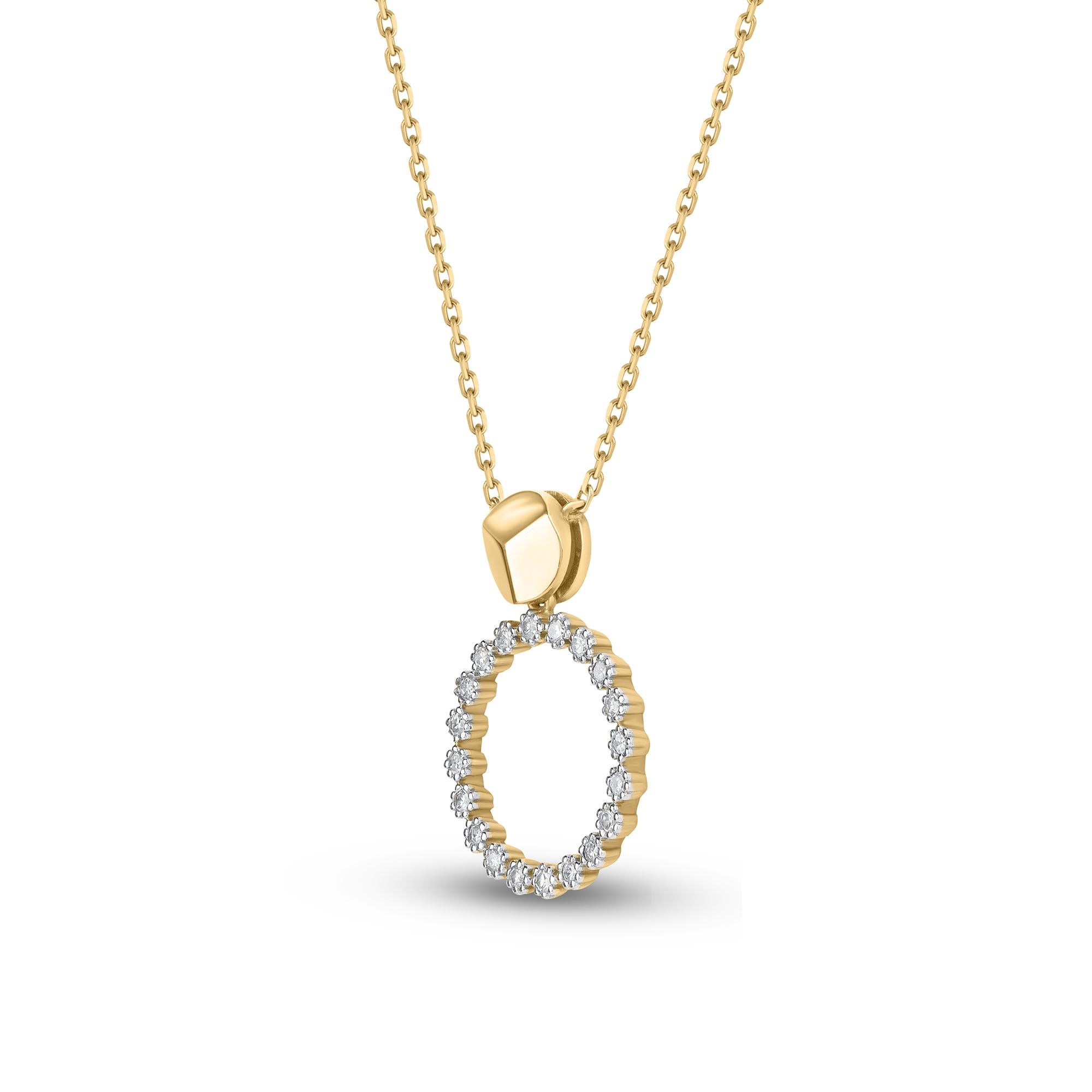 A flawless fusion of round diamonds and yellow gold, this circular diamond pendant is embellished with 20 round-cut diamonds in prong setting and handcrafted by our in-house experts in 18 KT Yellow gold. Diamonds are graded HI color, I1 clarity.  