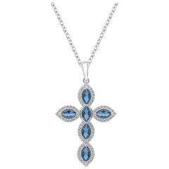 Pendentif croix en or blanc 14 carats avec diamants de 1/4 carat et saphir bleu naturel TJD