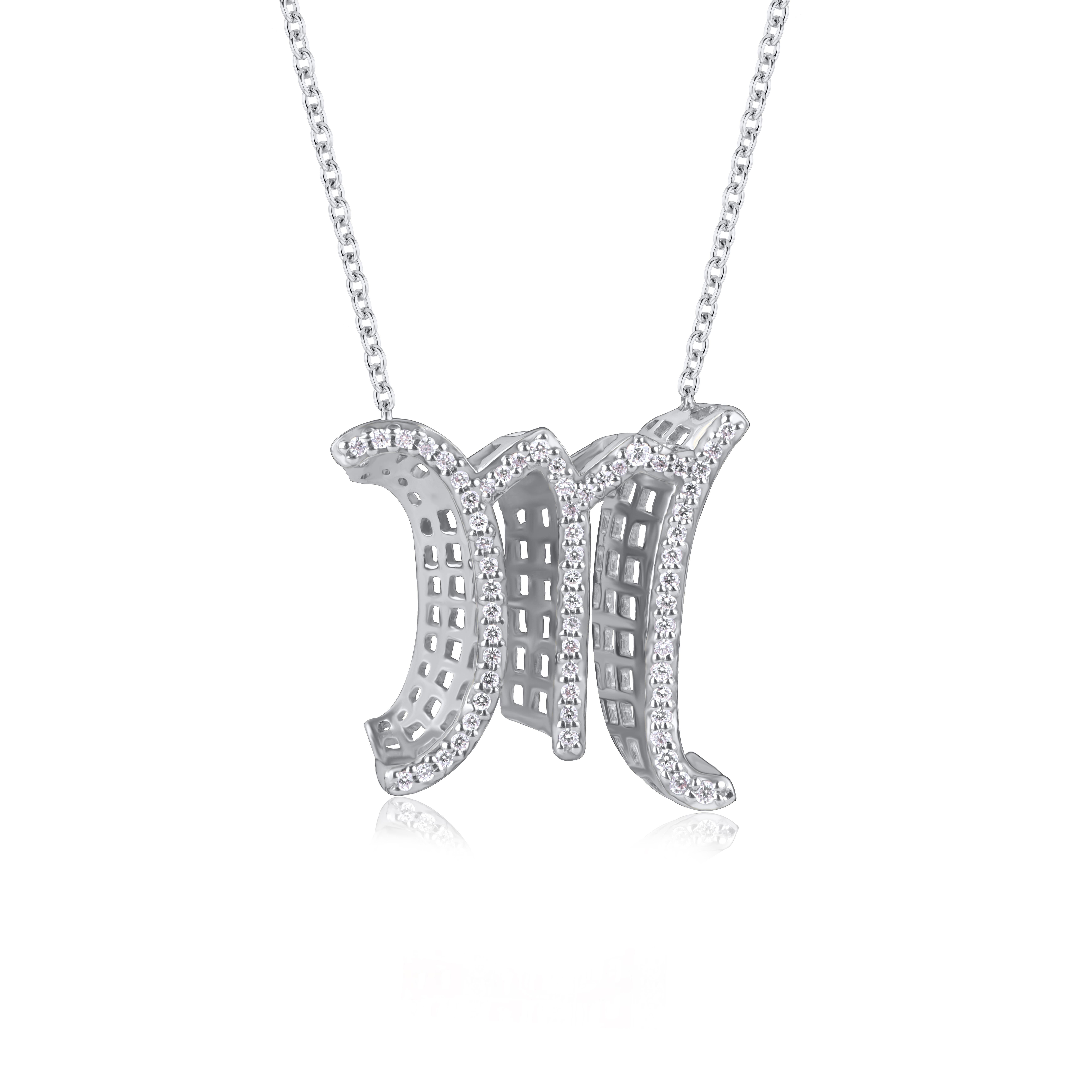 TJD 0,25 Karat M' Initial 3D Alphabet-Diamant-Anhänger aus 18 Karat Weißgold (Rundschliff) im Angebot
