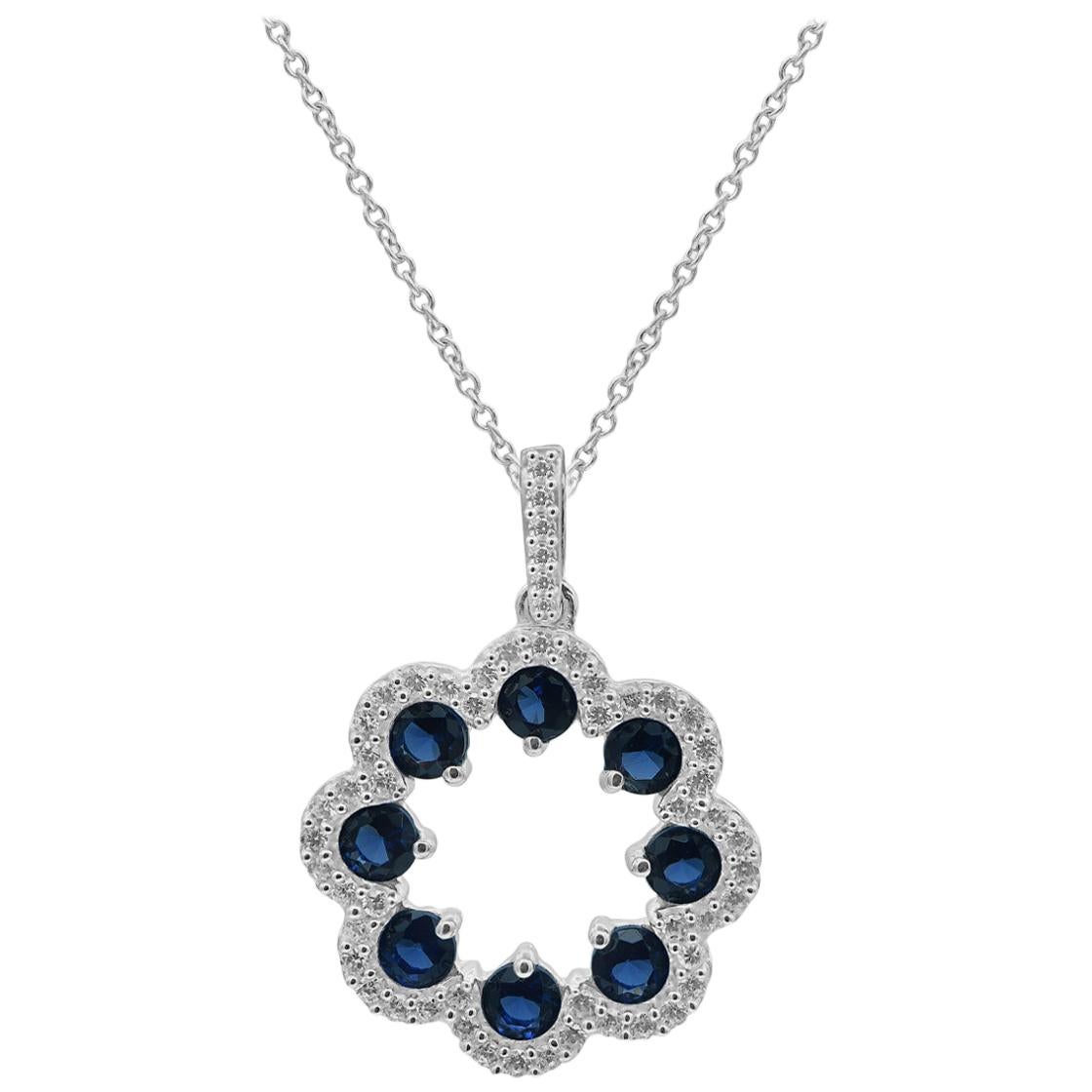 TJD 0.25 Carat Nat Blue Sapphire and Round Diamond 14K White Gold Circle Pendant For Sale