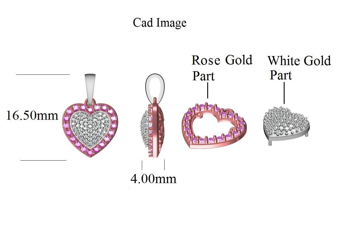 Questo ciondolo a cuore è sapientemente realizzato in oro bianco 18 carati e presenta 51 diamanti bianchi rotondi e 20 diamanti rosa incastonati in una montatura a griffe e a pavé che formano un disegno unico. Questo anello ha una finitura lucida ed