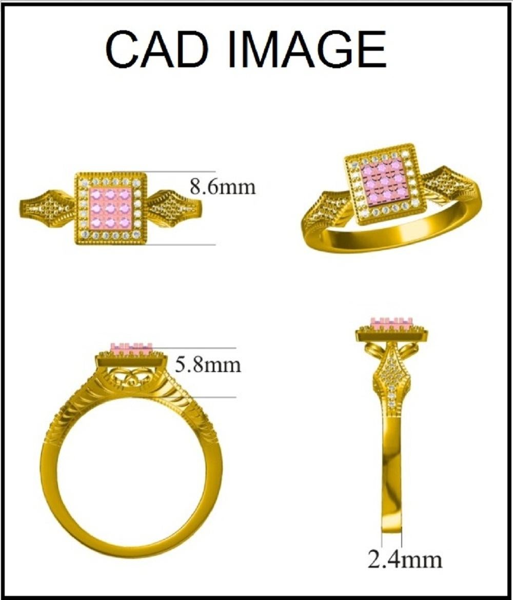Bring charm to your look with this square frame engagement ring. This ring is crafted from 18 karat gold in your choice of white, rose, or yellow, and features 44 round and 9 pink diamond set in prong setting. The total diamond weight is 0.25 carat
