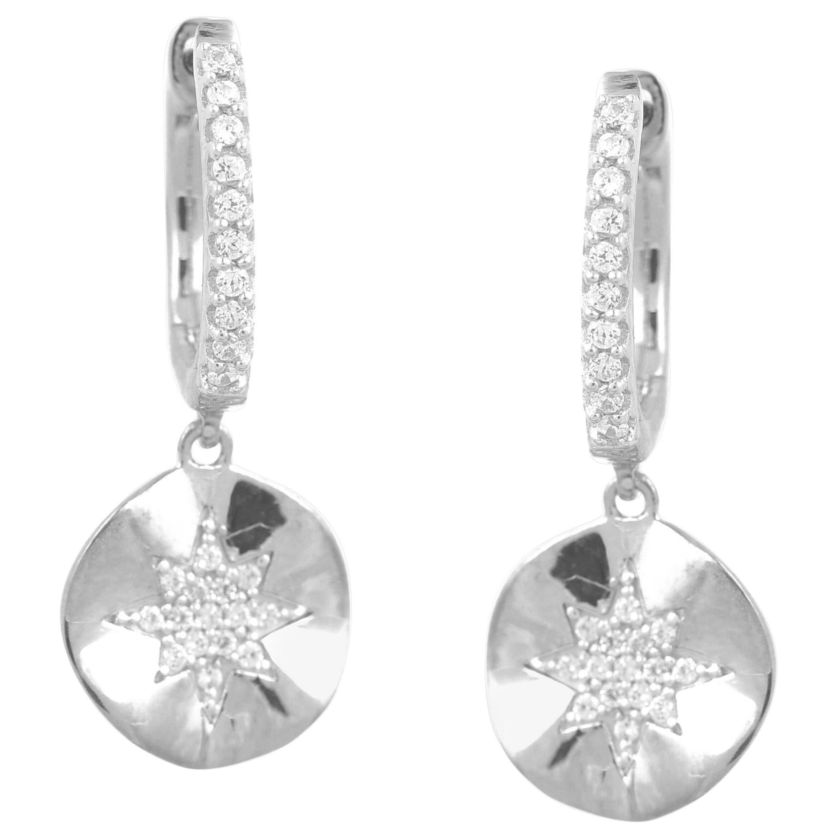 TJD 0.25Carat Round Diamond 14K White Gold Star Drop Dangle Hoop Huggie Earrings For Sale