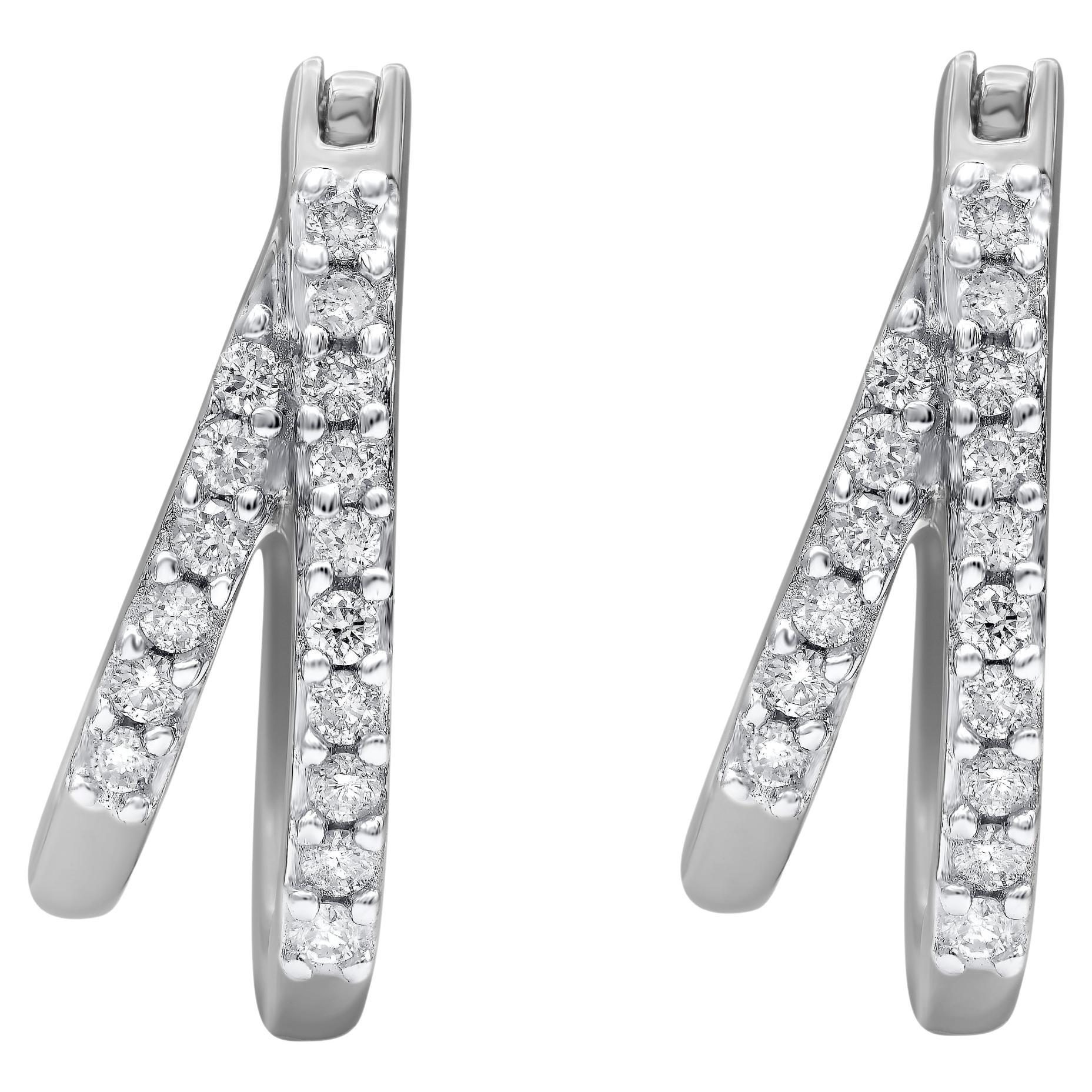 TJD 0.25 Carat Natural Diamond 14 Karat White Gold Huggie Hoop Earrings For Sale