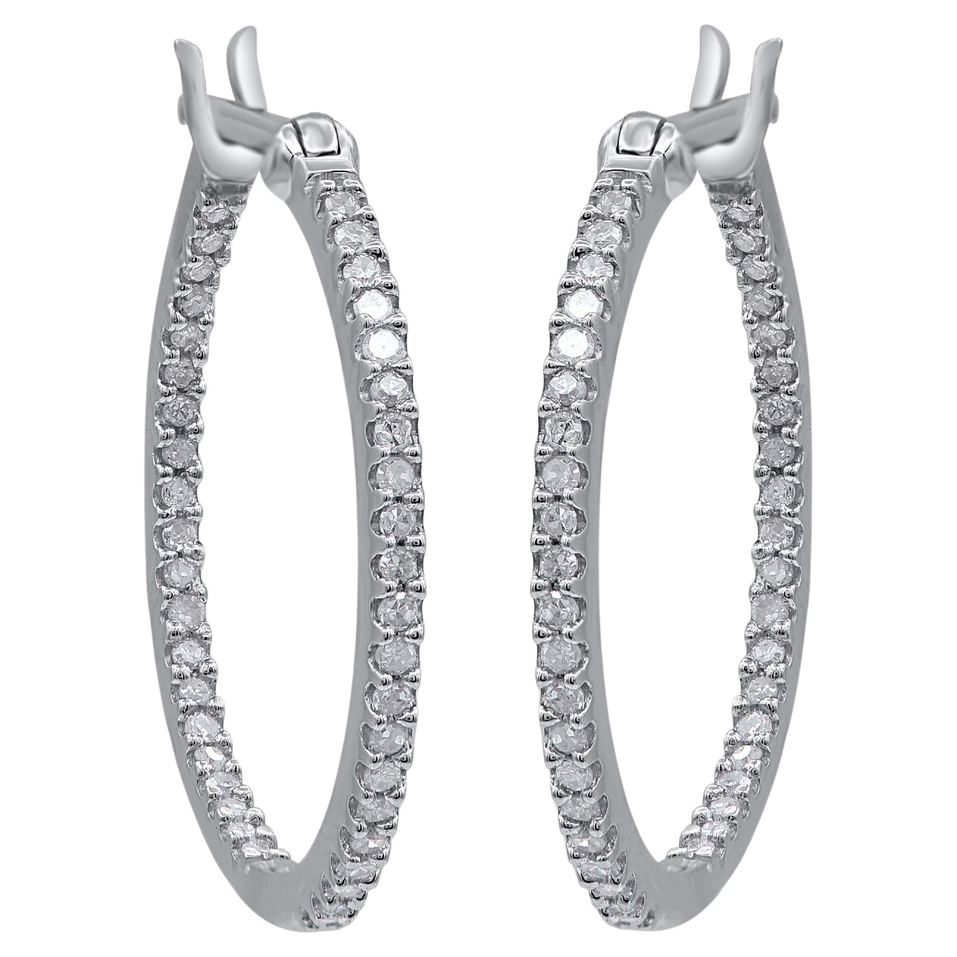 TJD 0.25 Carat Natural Diamond 14 Karat White Gold Inside-Out Hoop Earrings