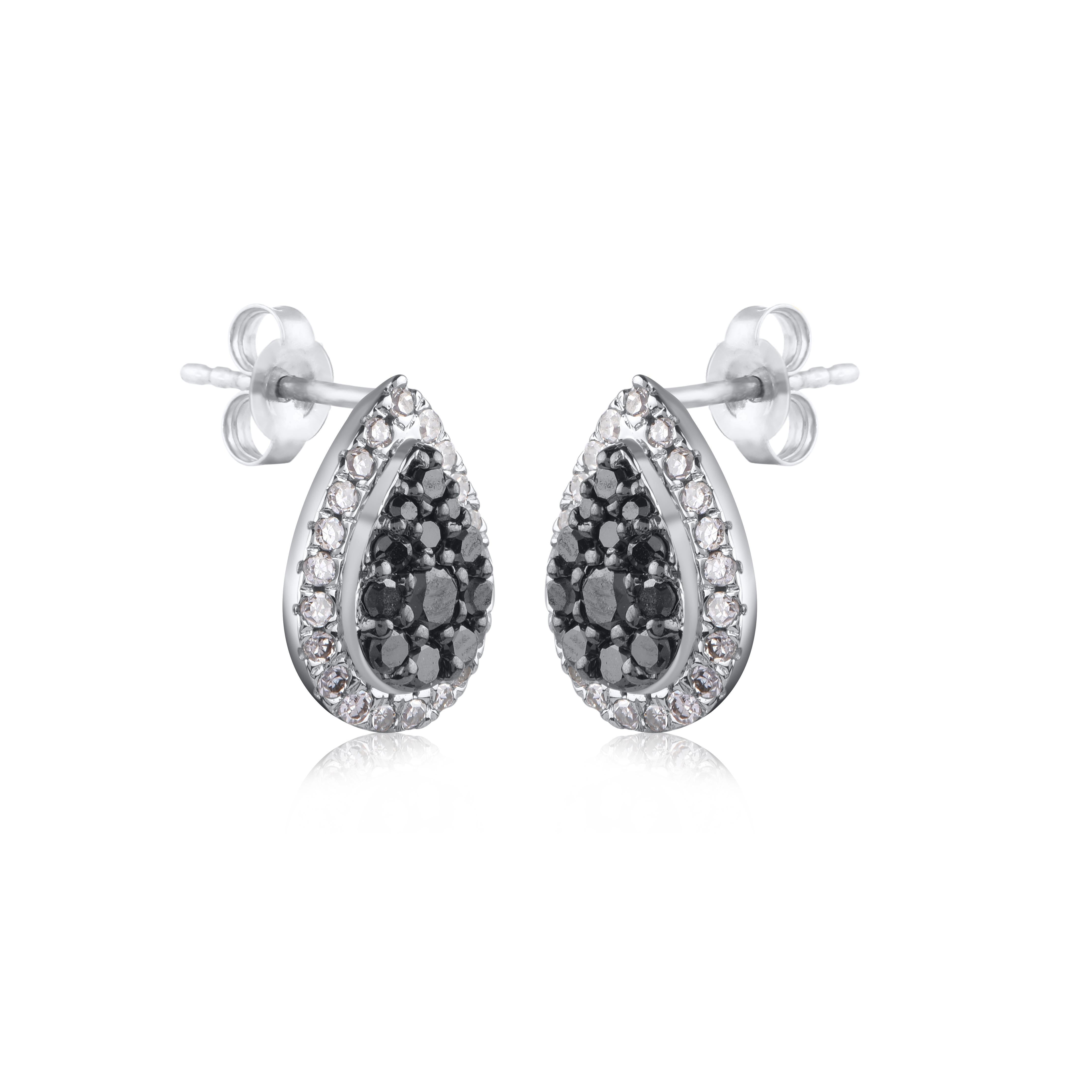 Timeless and elegant, these diamond drop stud earrings go from day to night with ease. This earring is beautifully designed and studded with 66 natural single cut round diamond and black treated diamond in prong setting. The total diamond weight is