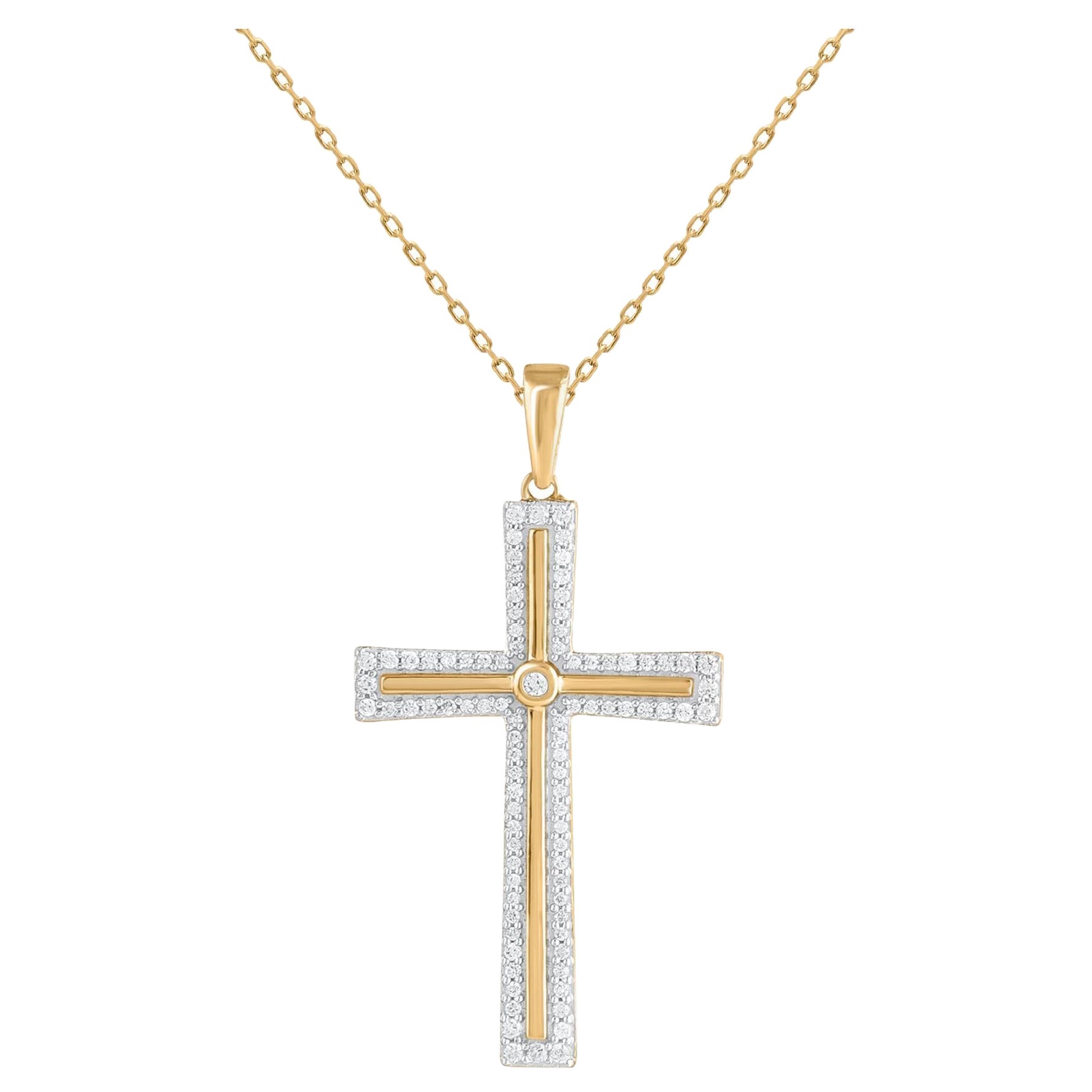 TJD 0.25 Carat Natural Diamond 14 Karat Yellow Gold Cross Pendant Necklace