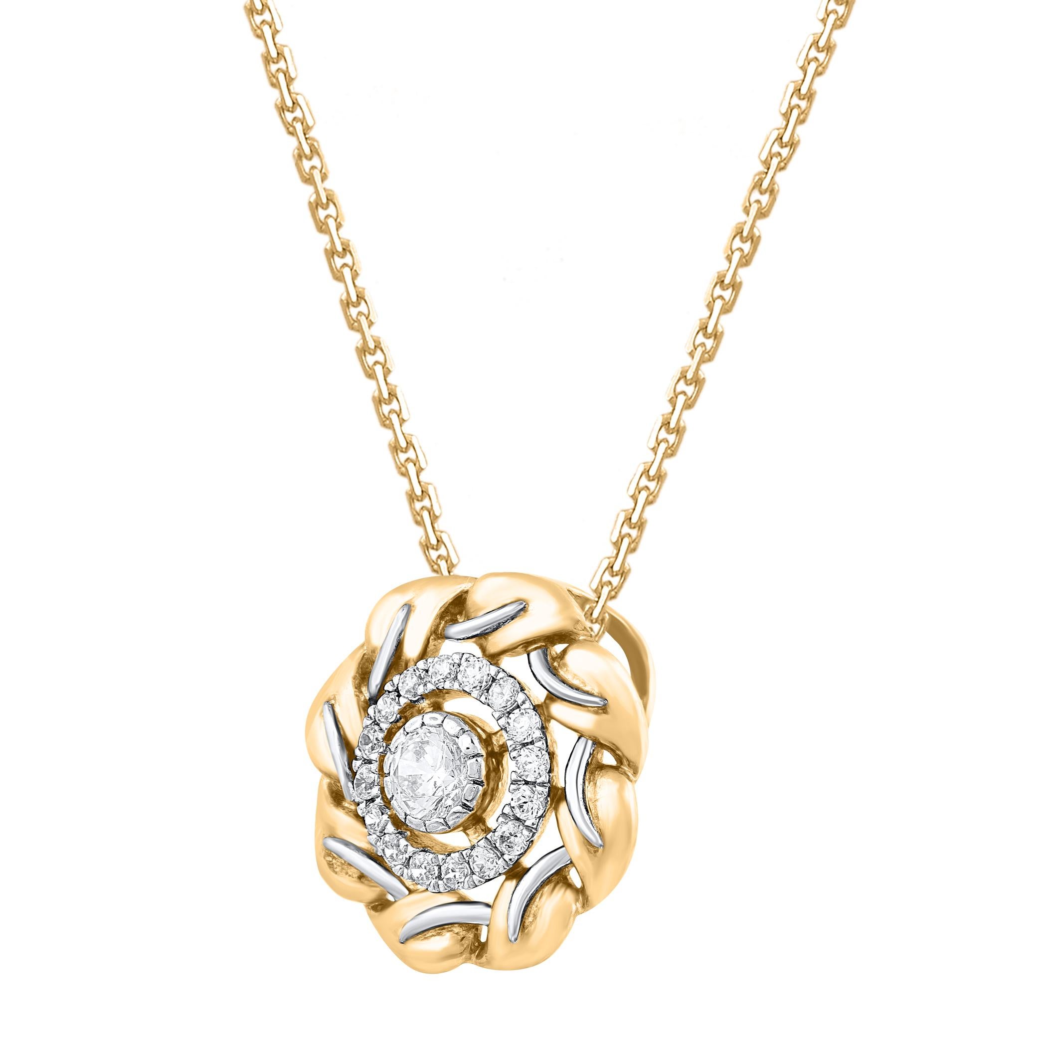 Apportez du charme à votre look avec ce pendentif en diamant. Ce pendentif est réalisé en or jaune 14 carats et serti de 17 diamants blancs brillants en serti clos et en chaton. La couleur H-I, la clarté I-2 et la finition polie complètent la