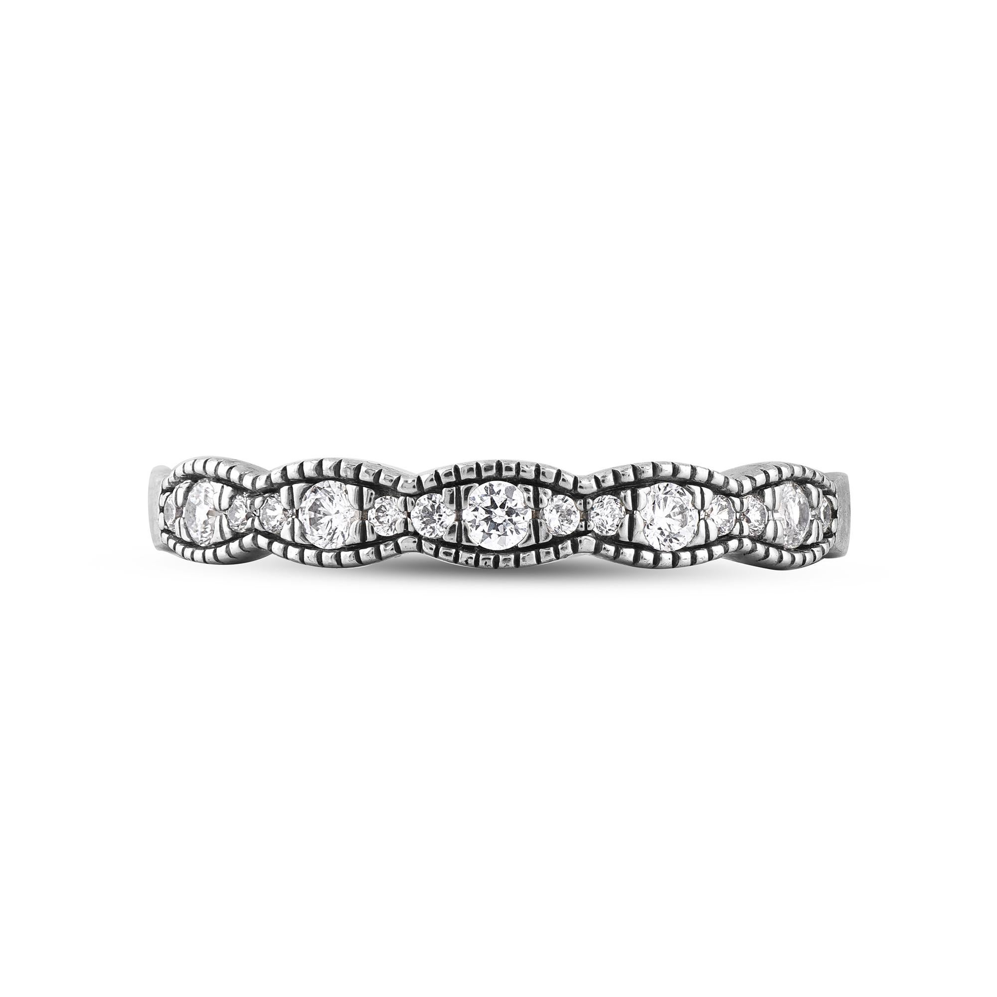 Contemporary TJD 0.25 Carat Natural Diamond 14KT White Gold Scallop Edge Stackable Band Ring For Sale
