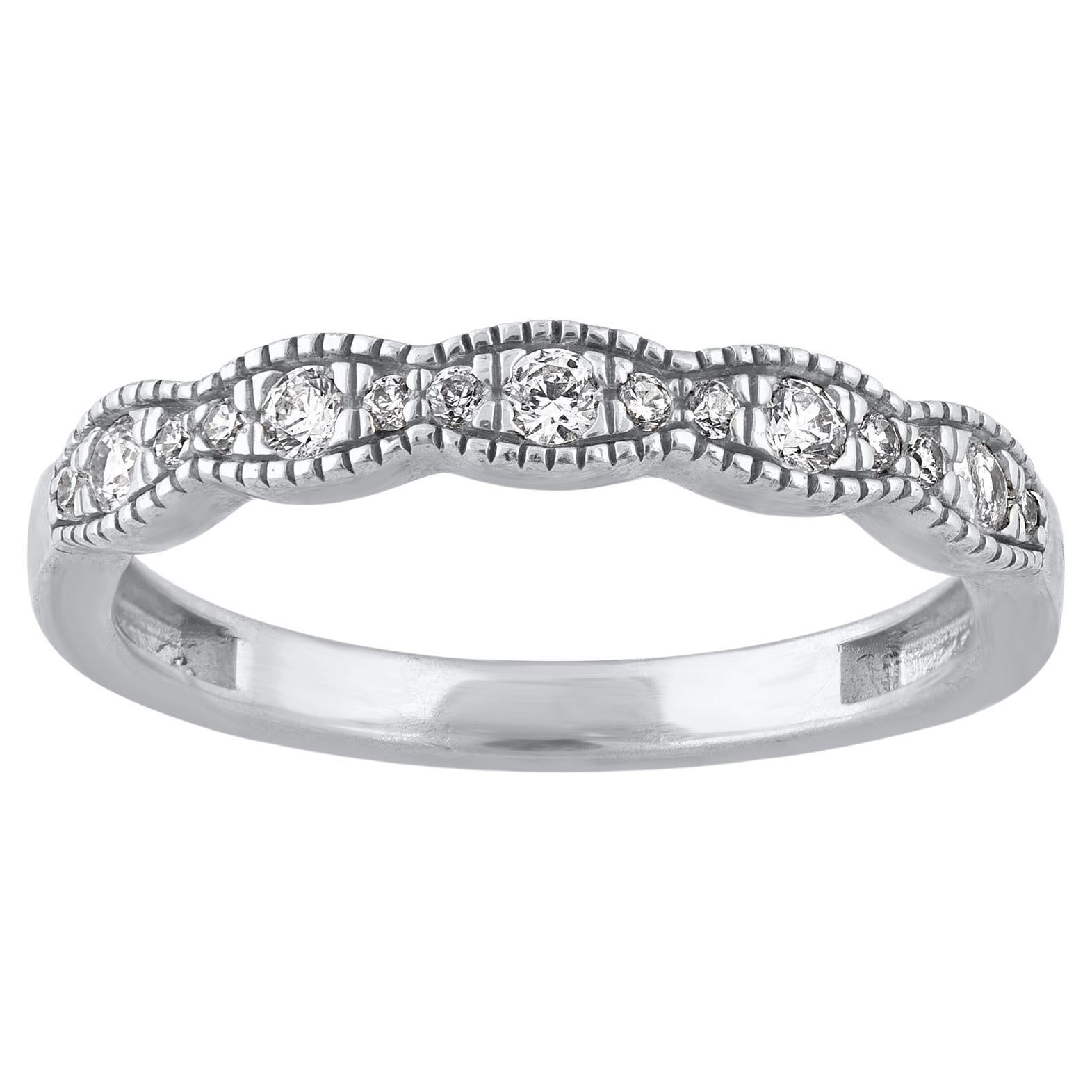 TJD 0.25 Carat Natural Diamond 14KT White Gold Scallop Edge Stackable Band Ring For Sale